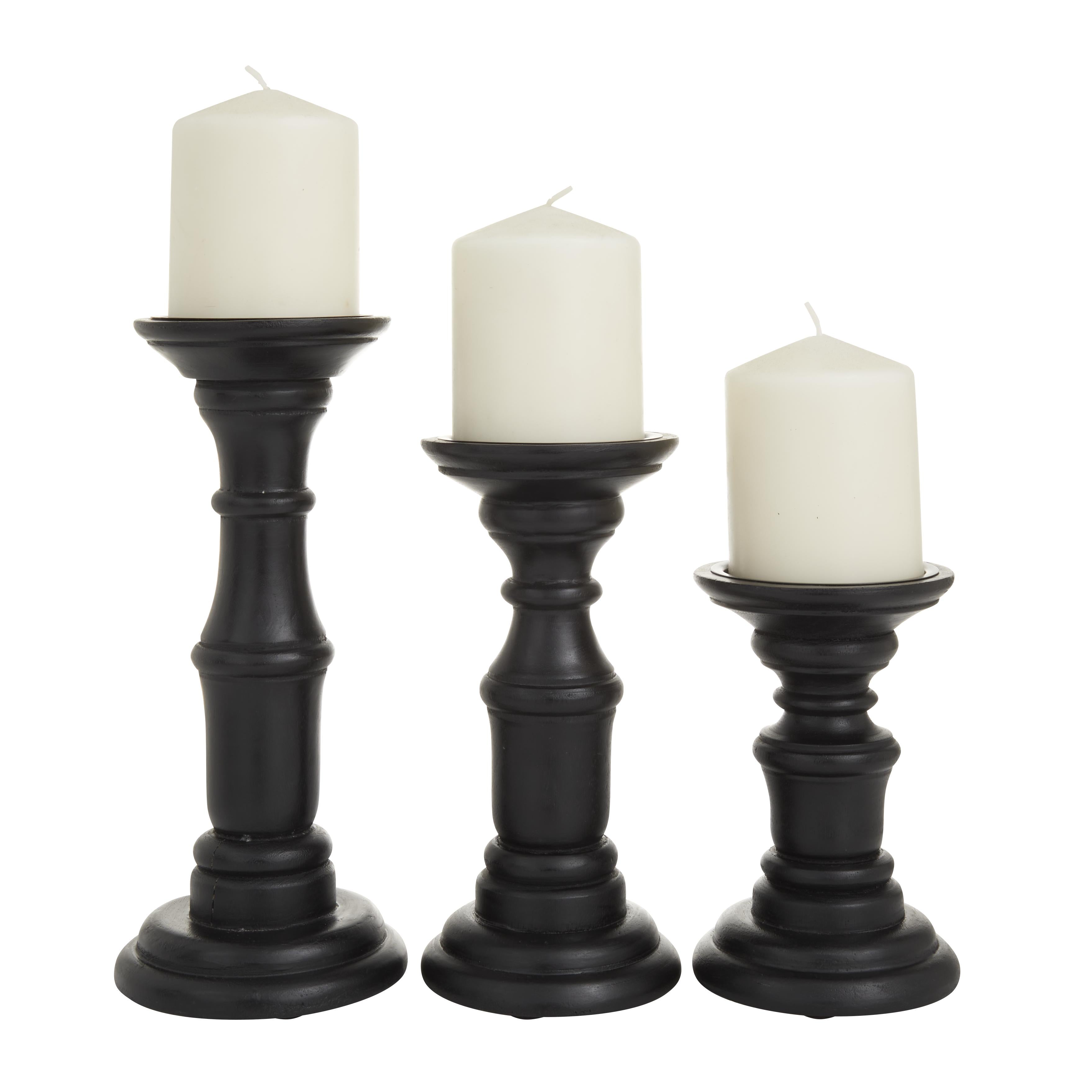 Set of 3 Mango Wood Turned Style Pillar Decorative Candle Holder