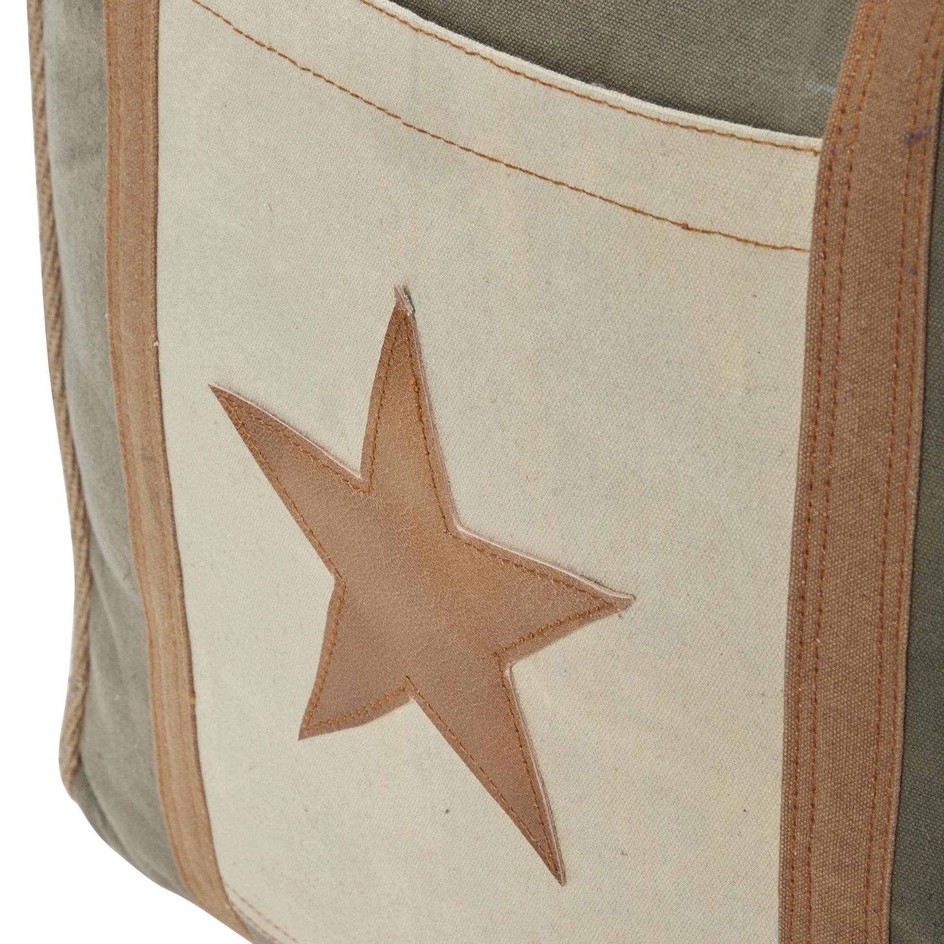 Scroll Canvas France Inspired Stuffed Pouf with Leather Star Pocket and Handles