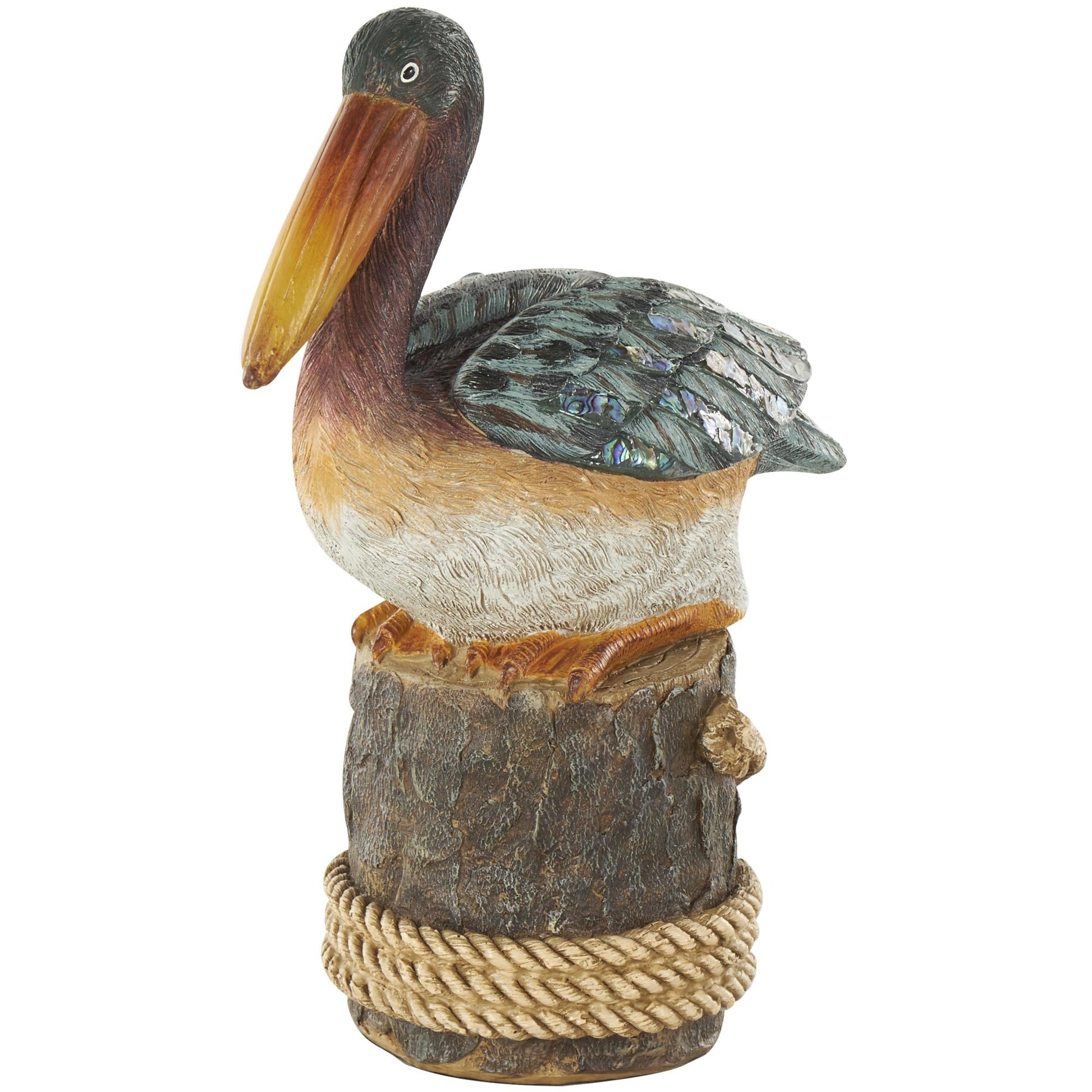 Pelican Teal Resin Textured Sitting Decorative Sculpture with Brown Block and Shiny Accents