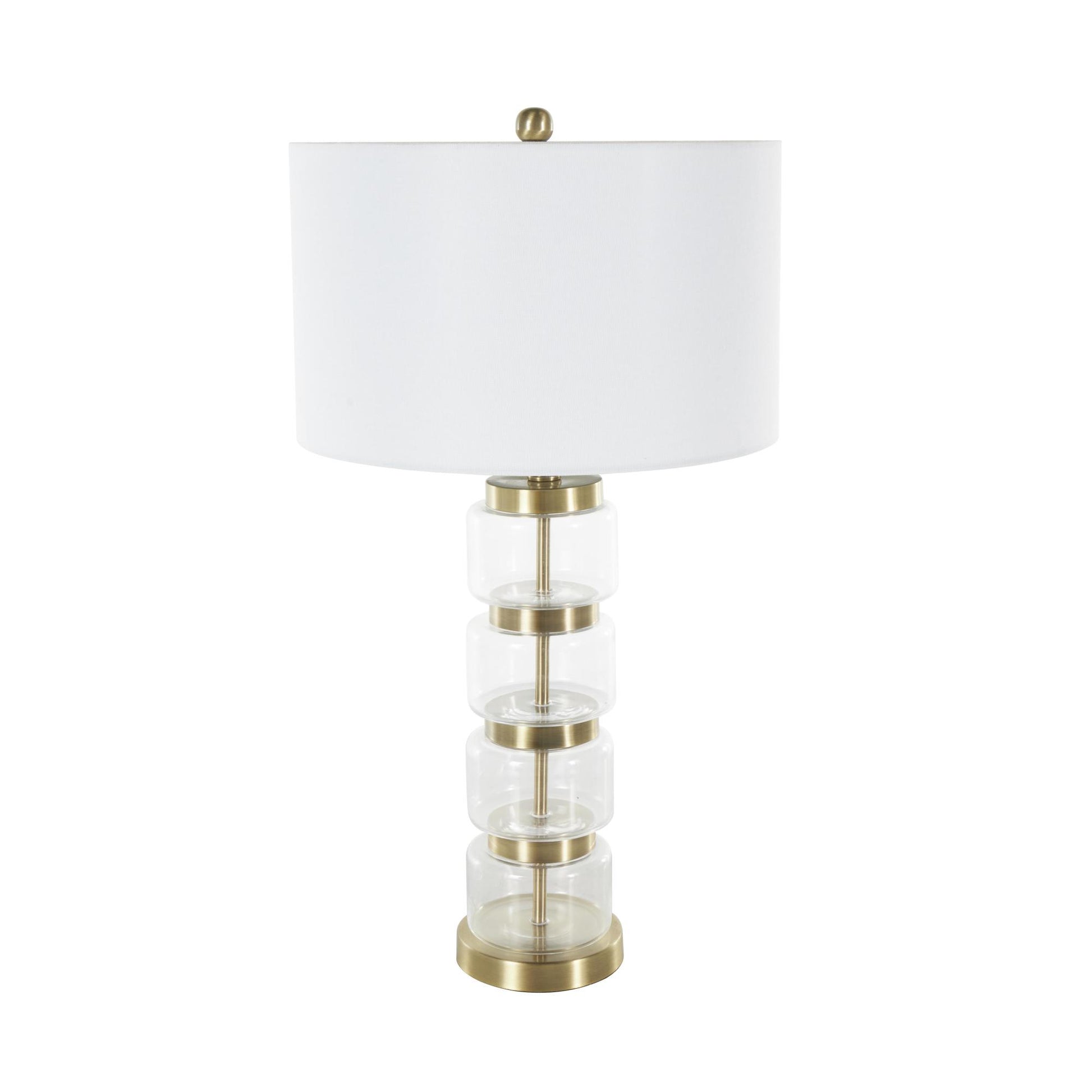 Clear Glass Stacked Jars Room Table Lamp with White Drum Shade and Gold Metal Accents