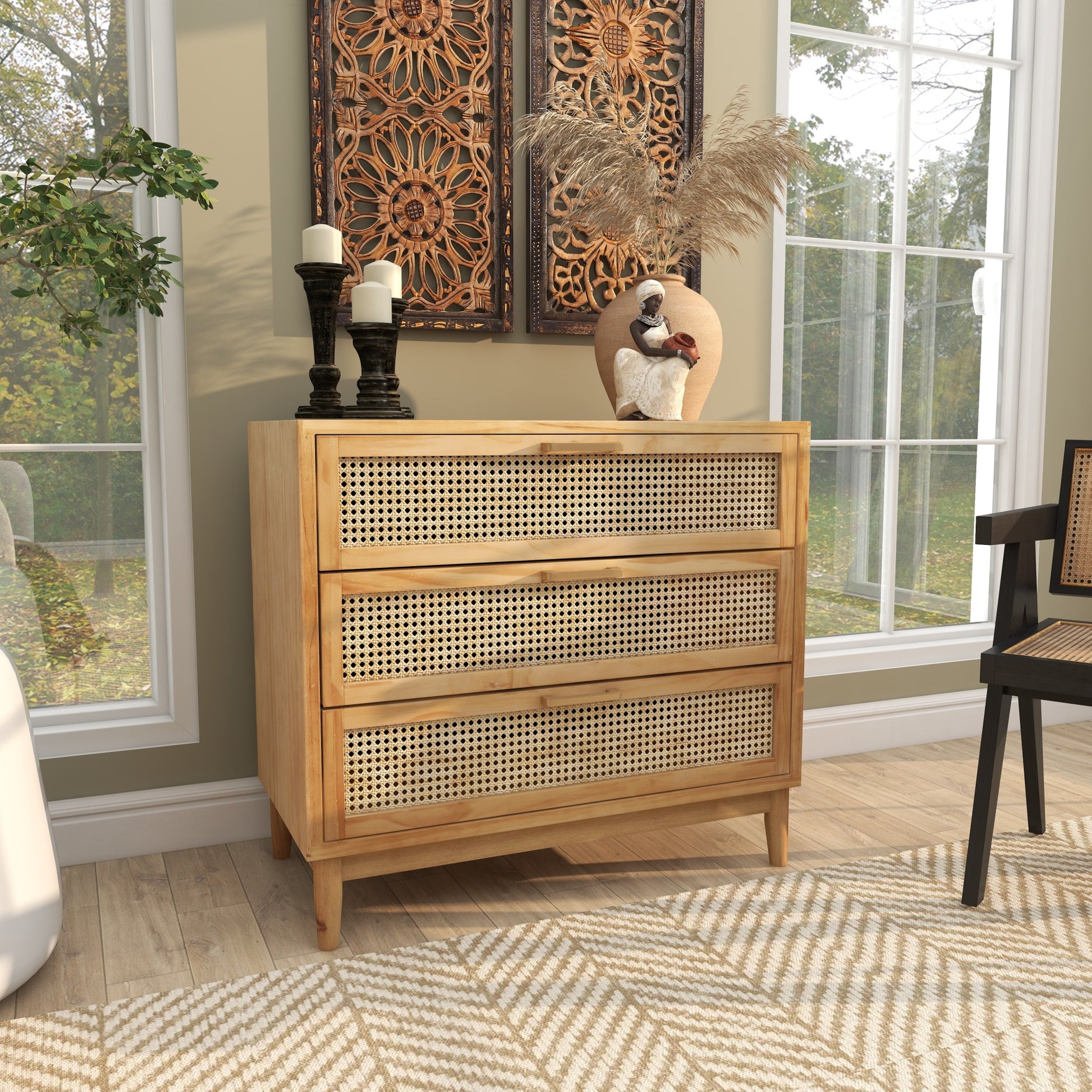 Wood 3 Drawer Room Chest with Beige Rattan Drawers and Gold Handles