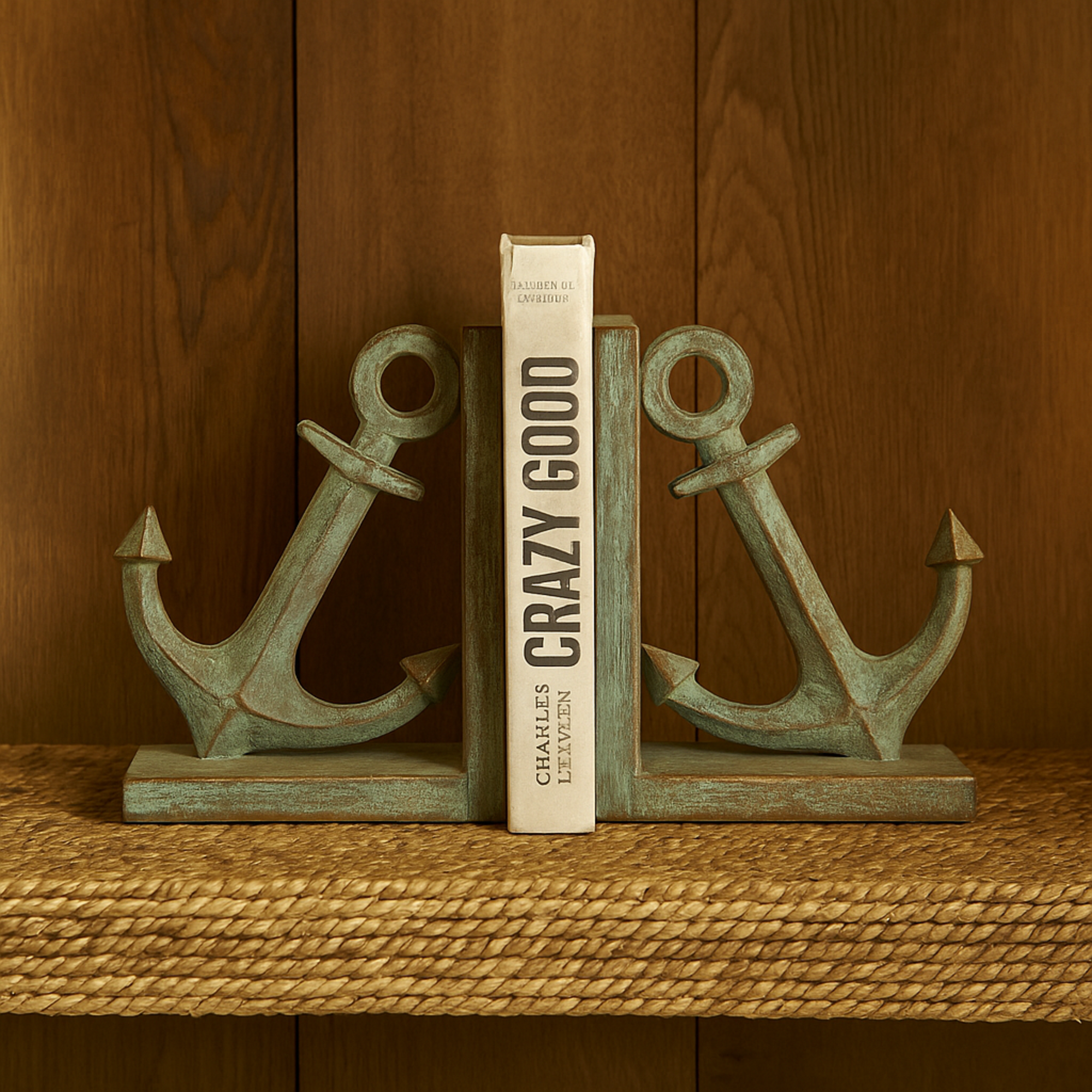 Set of 2 Anchor Blue Polyresin Distressed Patina Decorative Bookends with Gold Foil Accents