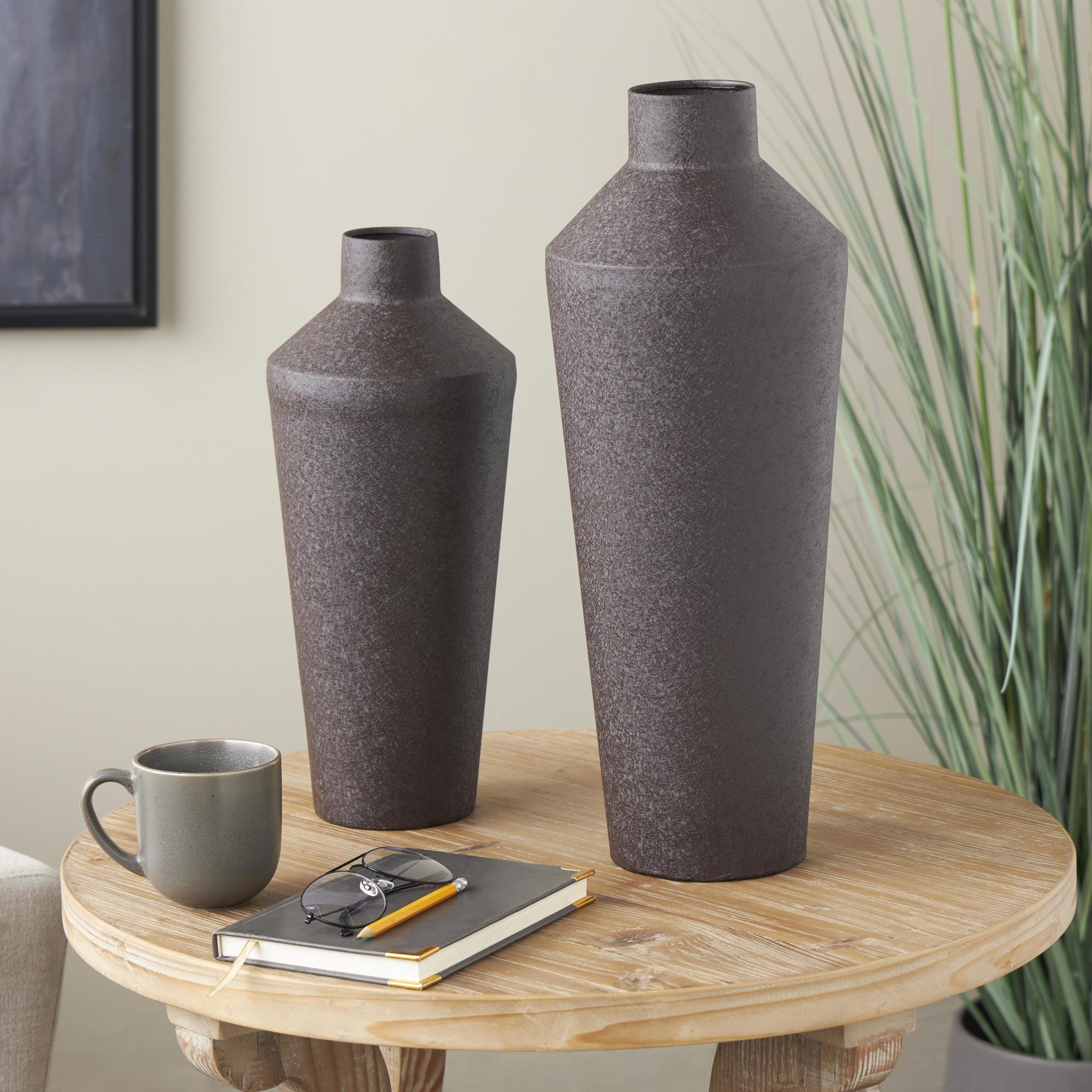 Set of 2 Black Metal Textured Tapered Decorative Vase