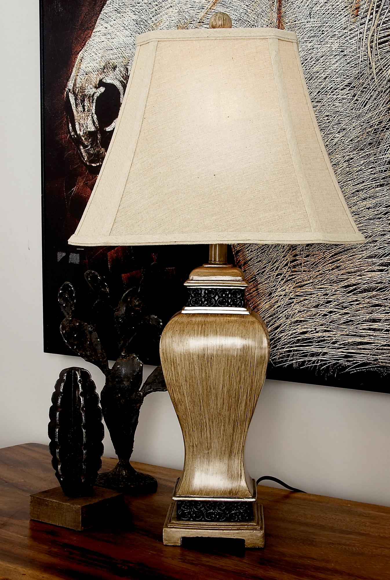 Set of 2 Scroll Brown Polystone Carved Room Table Lamp with Black Accents and Tapered Shade