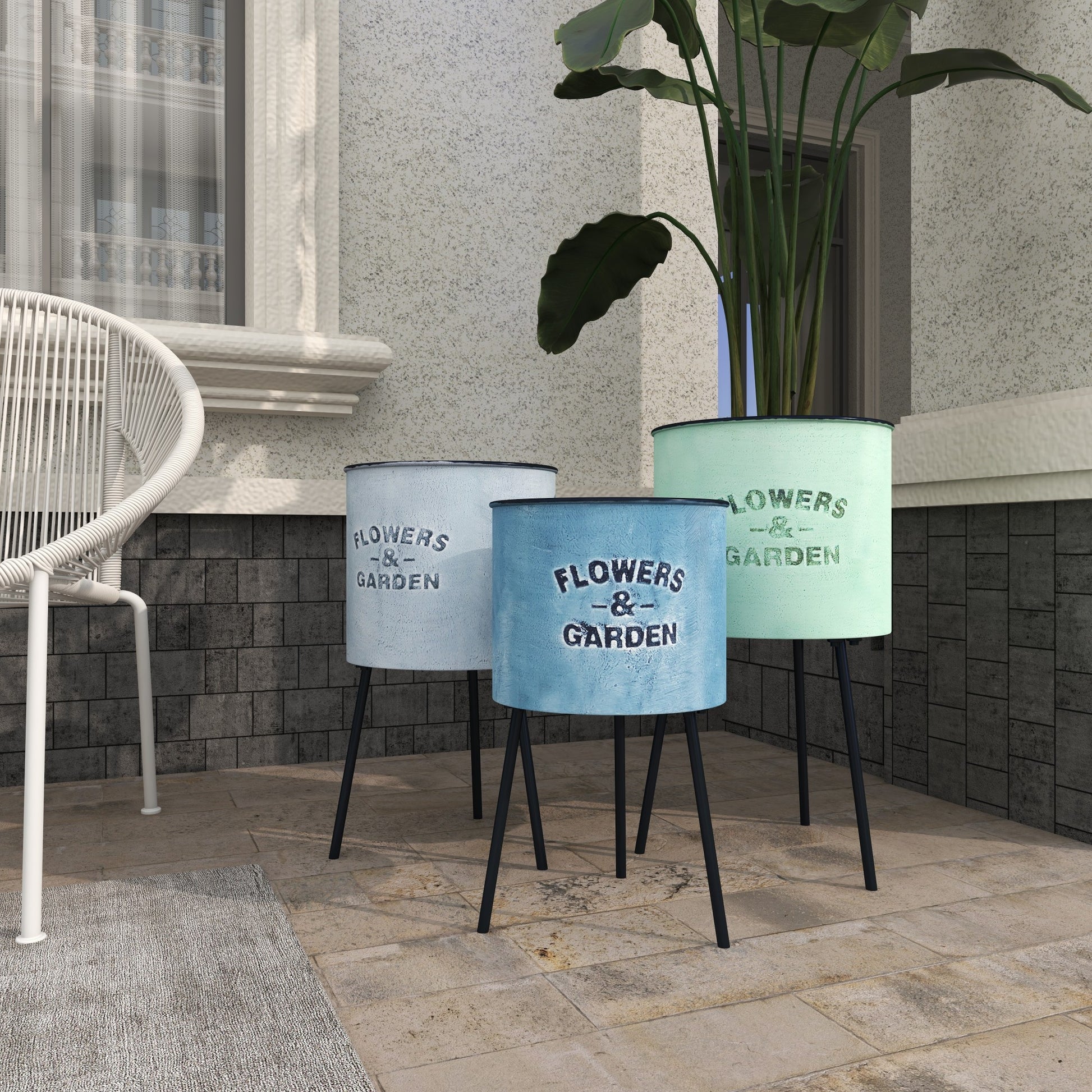Set of 3 Text Blue Metal Indoor Outdoor Planter with Flowers And Garden Text and Black Tripod Legs