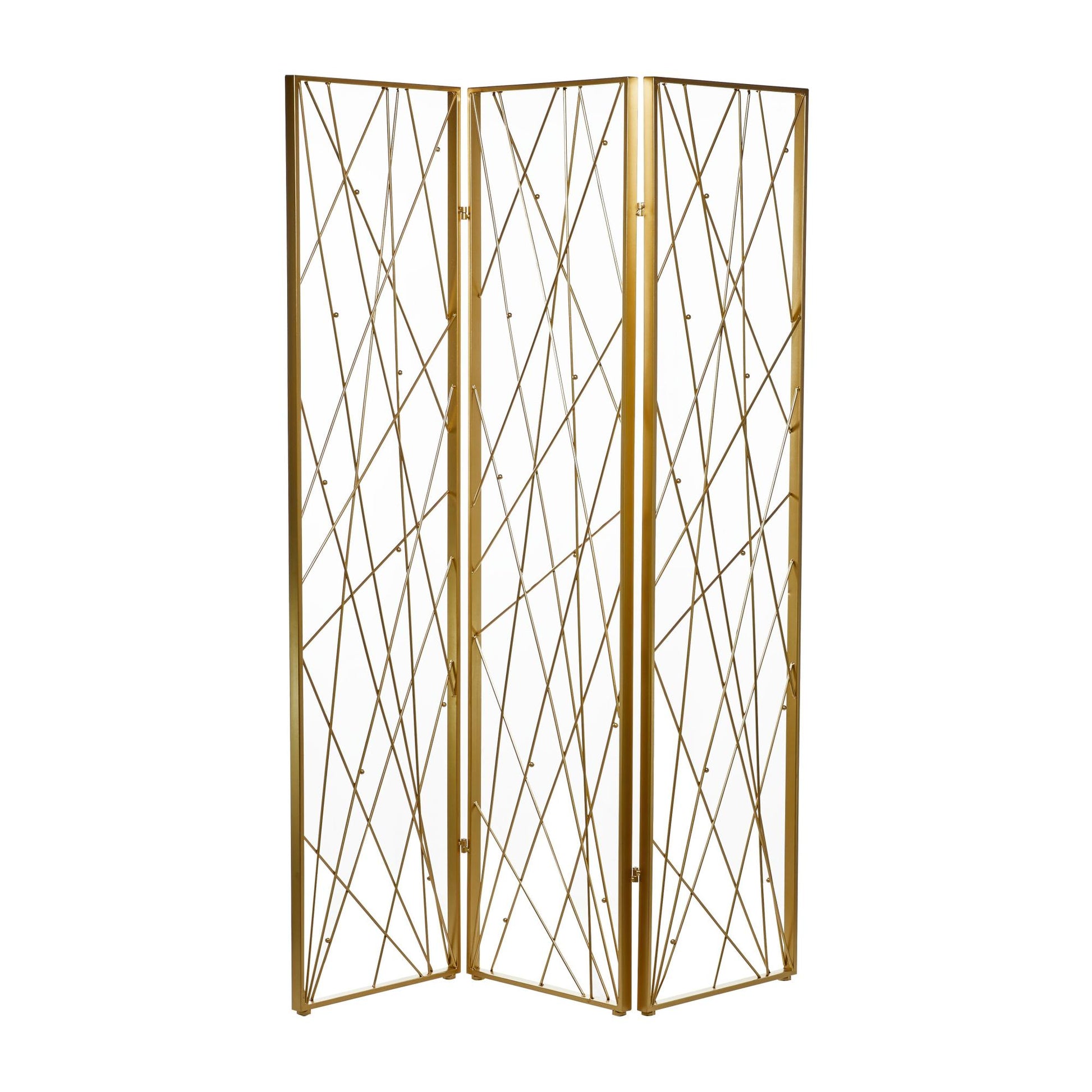 Abstract Gold Metal Foldable Partition 3 Panel Partition Room Divider Screen with Wire Rod Accents