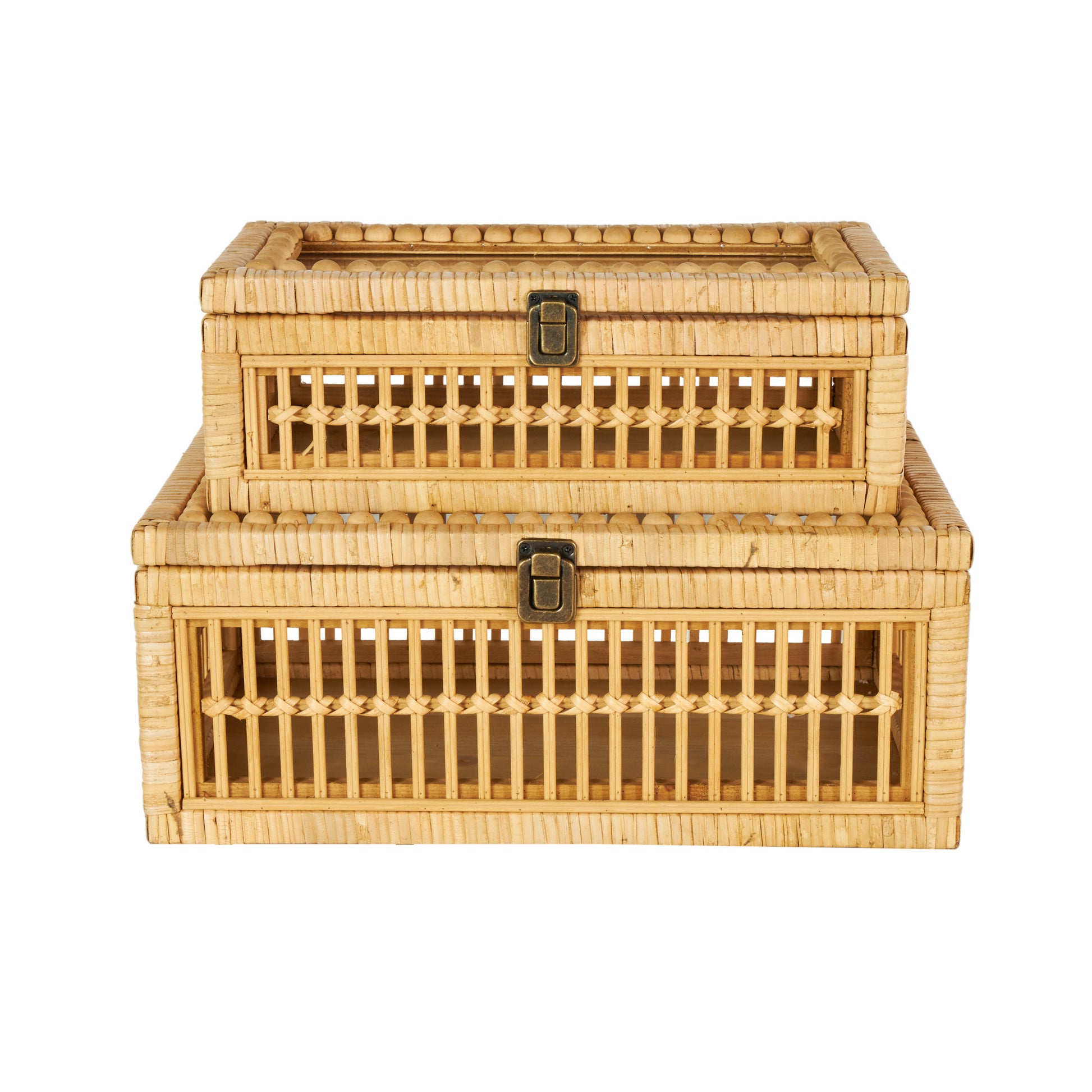 Set of 2 Brown Rattan Handmade Woven Storage Decorative Box with Glass Top and Bronze Latches