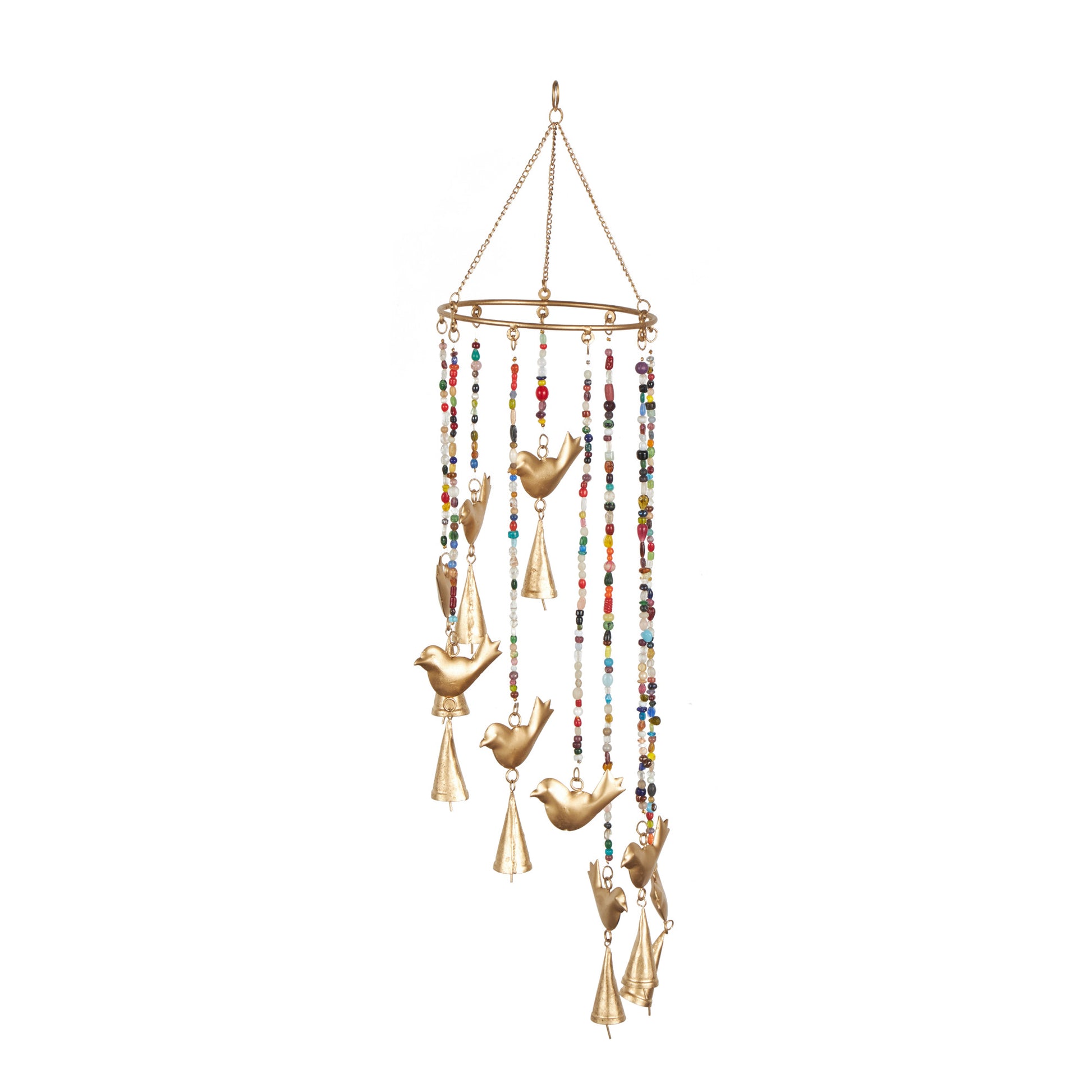 Bird Gold Metal Handmade Indoor Outdoor Windchime with Glass Beads and Cone Bells