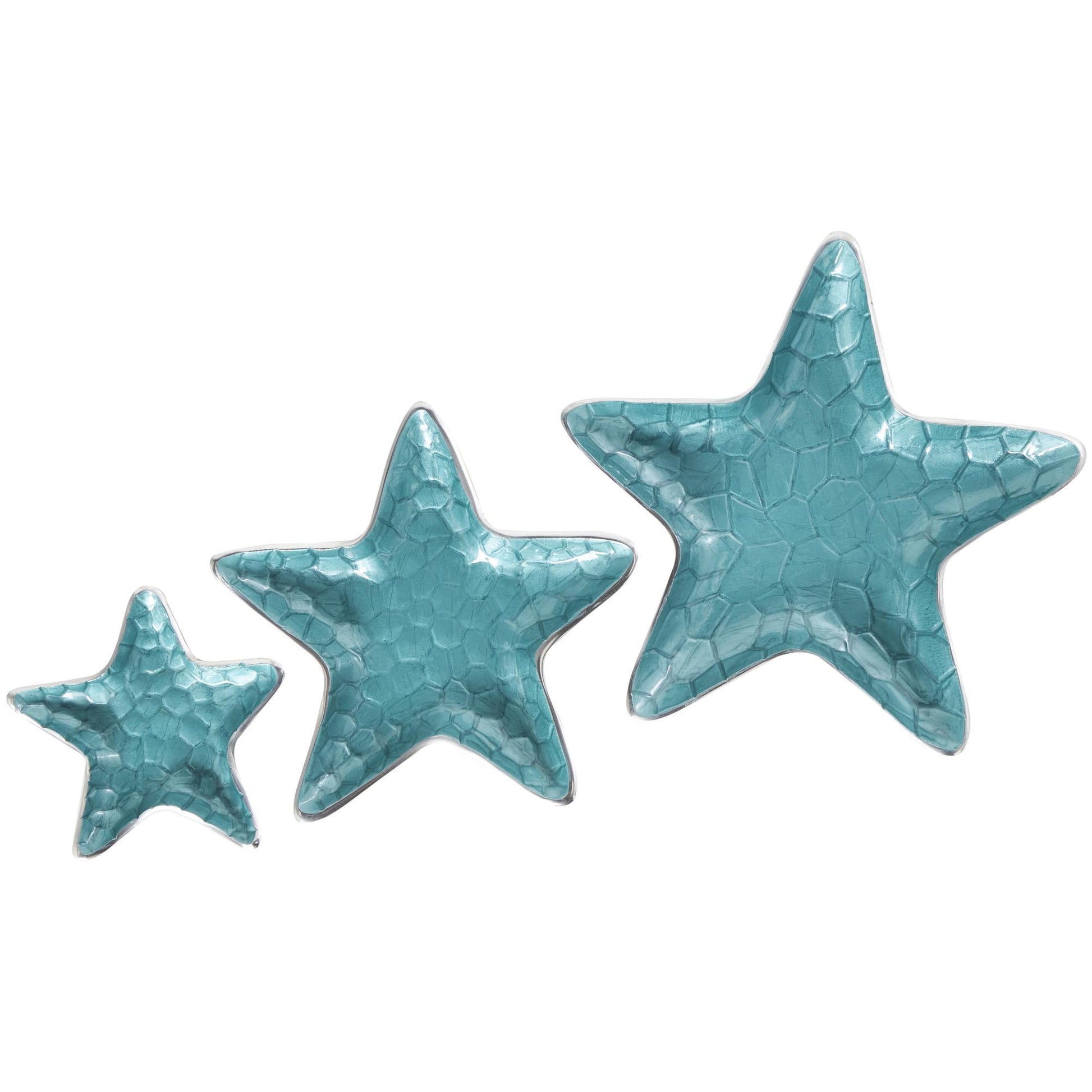 Set of 3 Starfish Aluminum Metal Handmade Textured Enameled Large Decorative Bowl with Silver Base