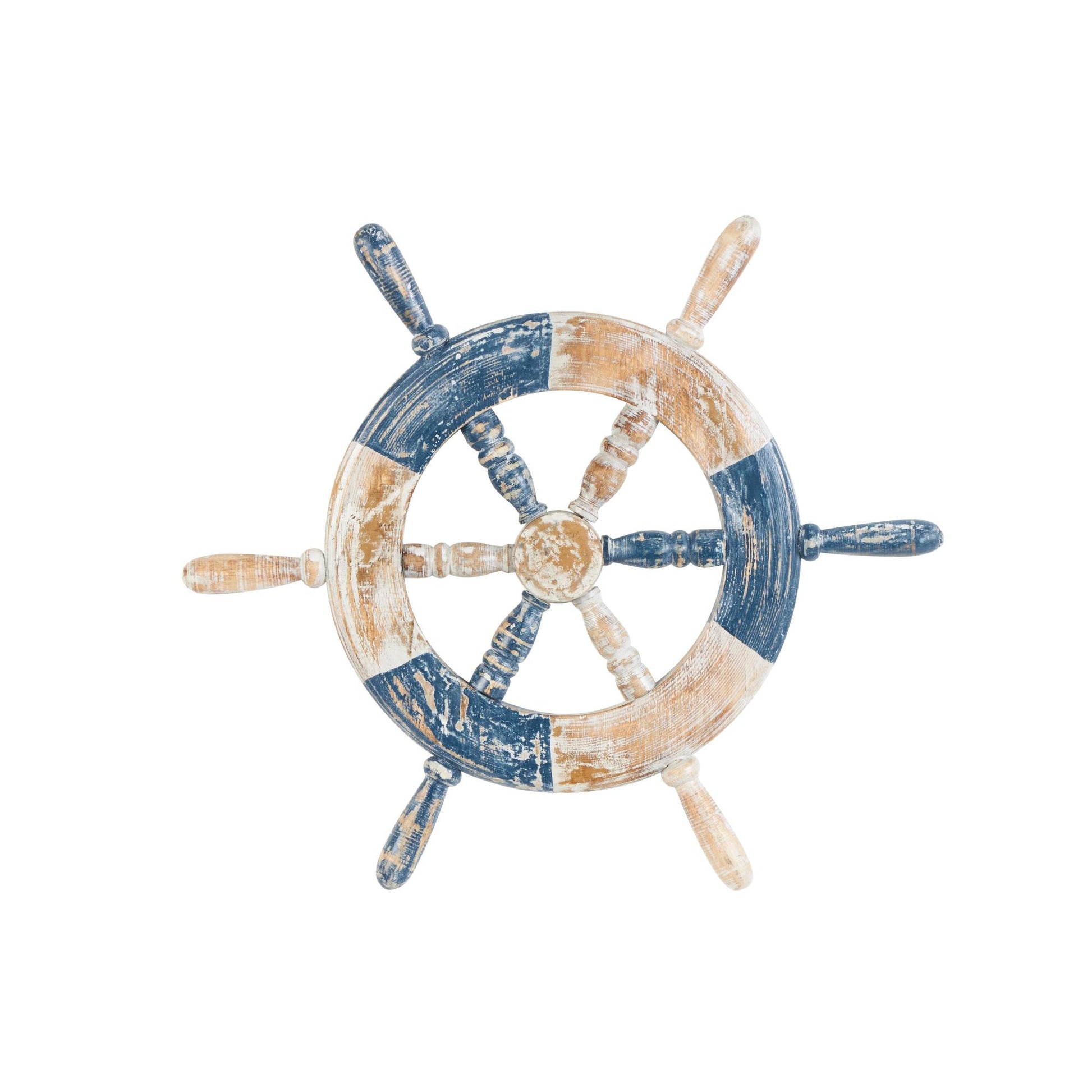 Ship Wheel Blue Wood Distressed Two-Toned Home Wall Decor with Brown Accents