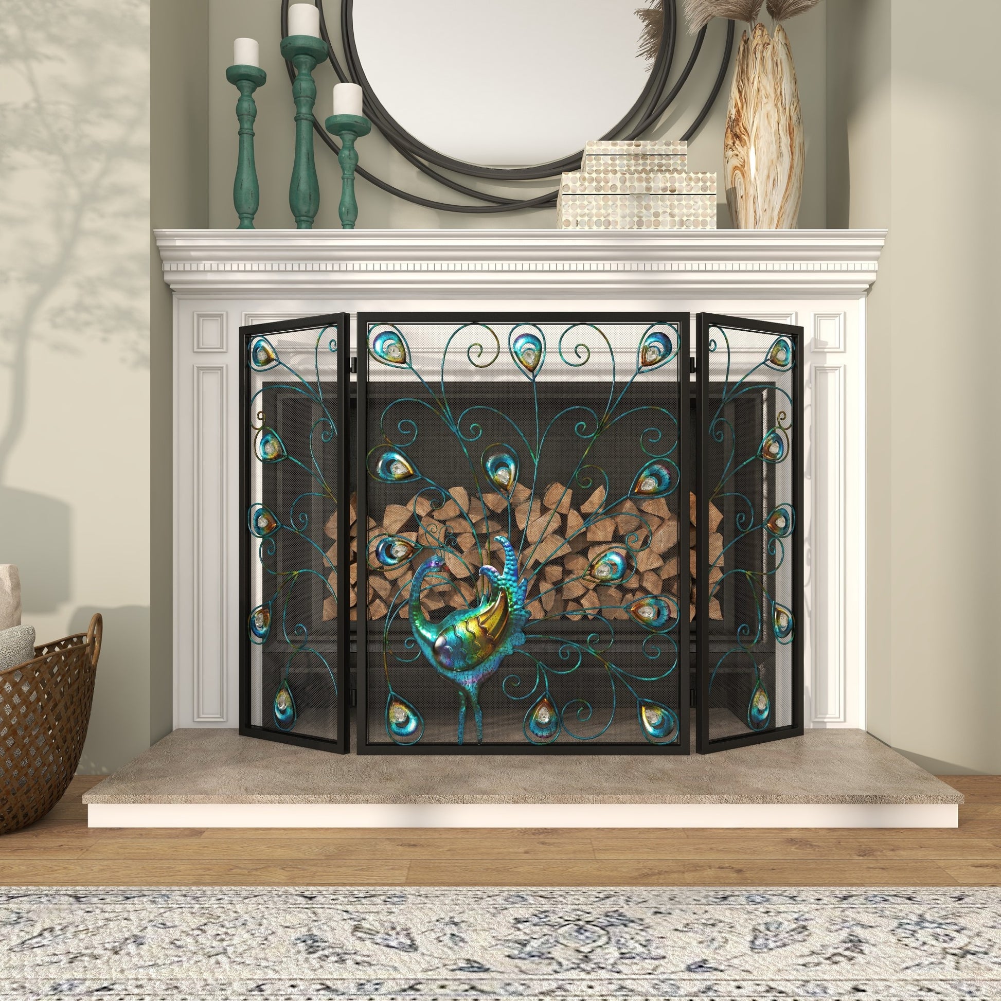 Peacock Blue Metal Rainbow 3 Panel Living Room Fireplace Screen with Crystal Accents and Black Frame