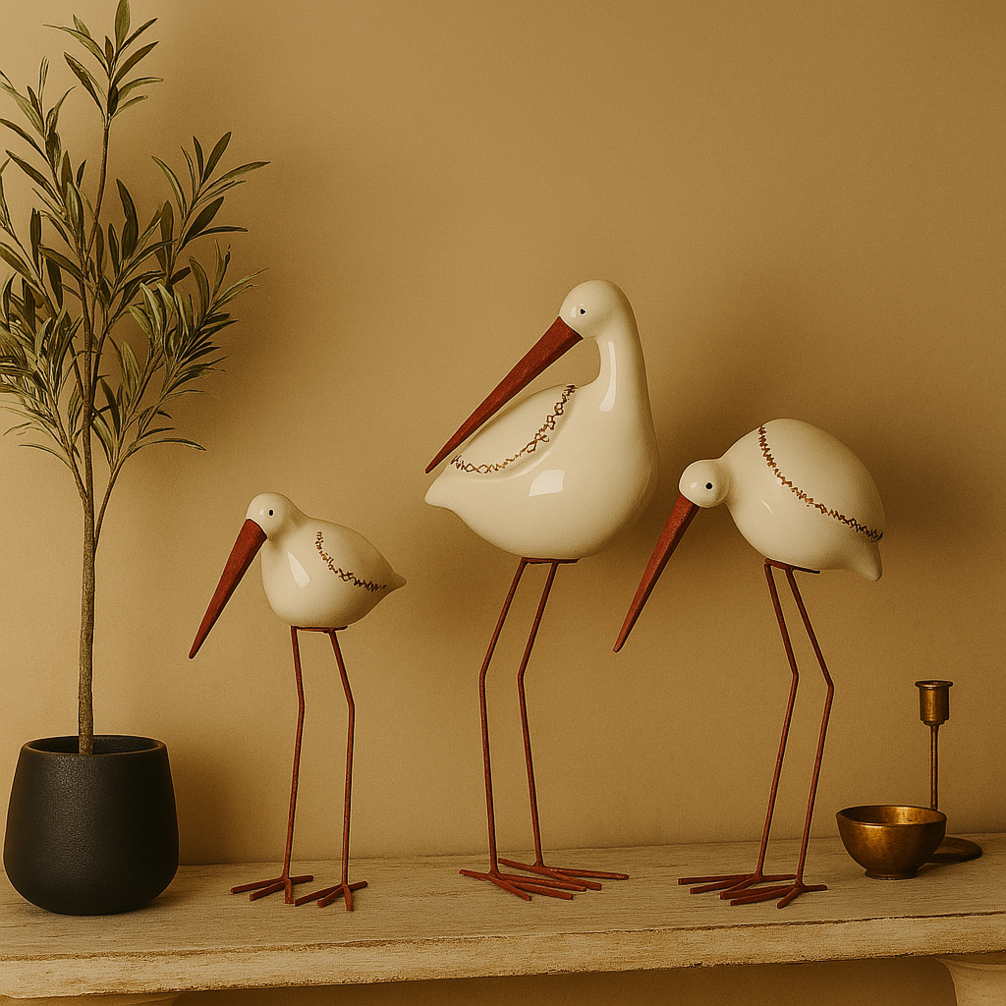 Set of 3 Bird White Ceramic Decorative Sculpture