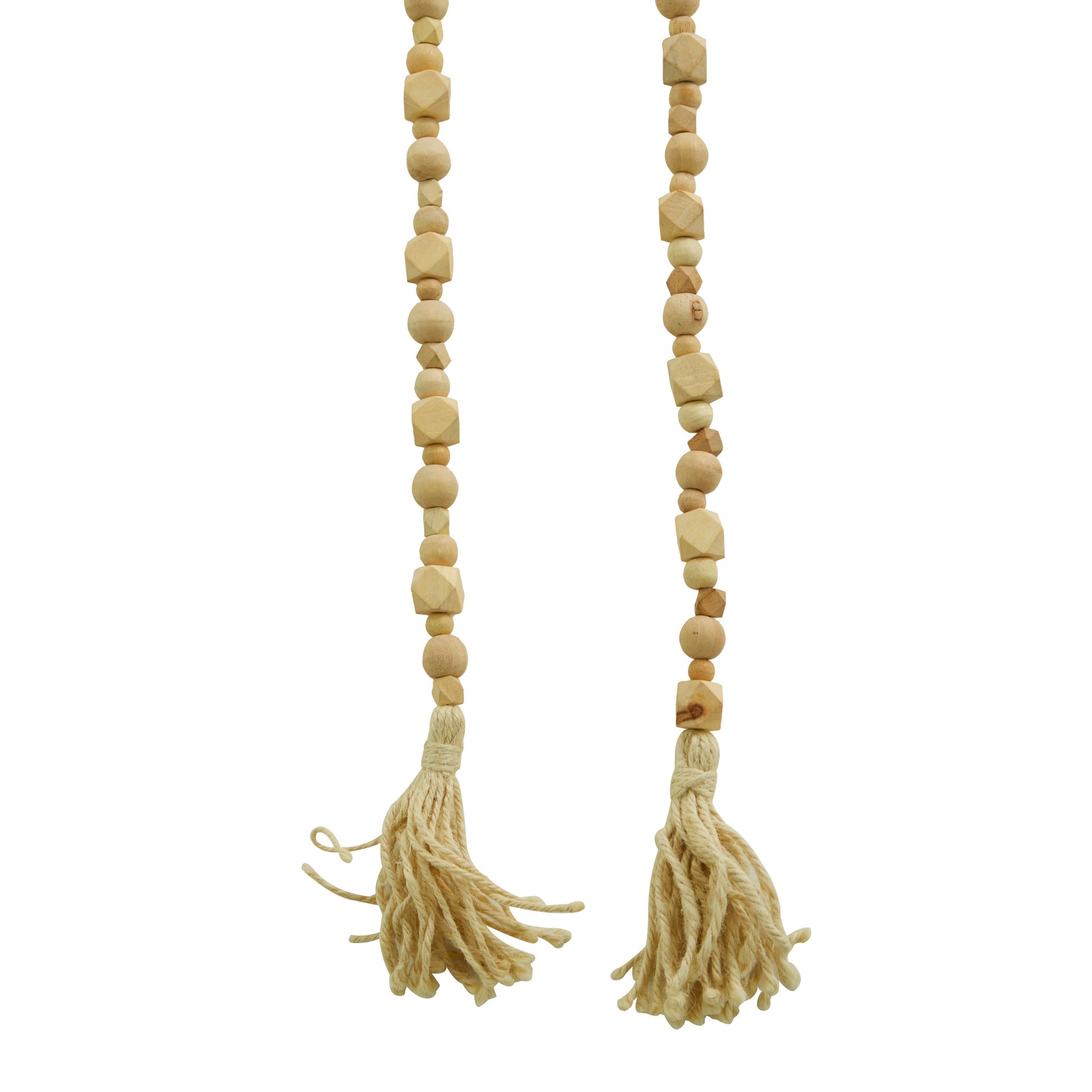 Mango Wood Handmade Hexagon Carved Geometric Long Beaded Garland with Tassel