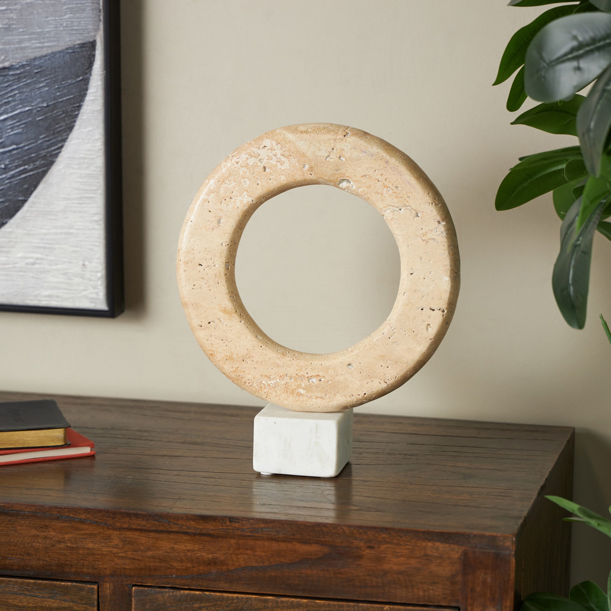 Abstract Cream Marble Ring Decorative Sculpture with White Base