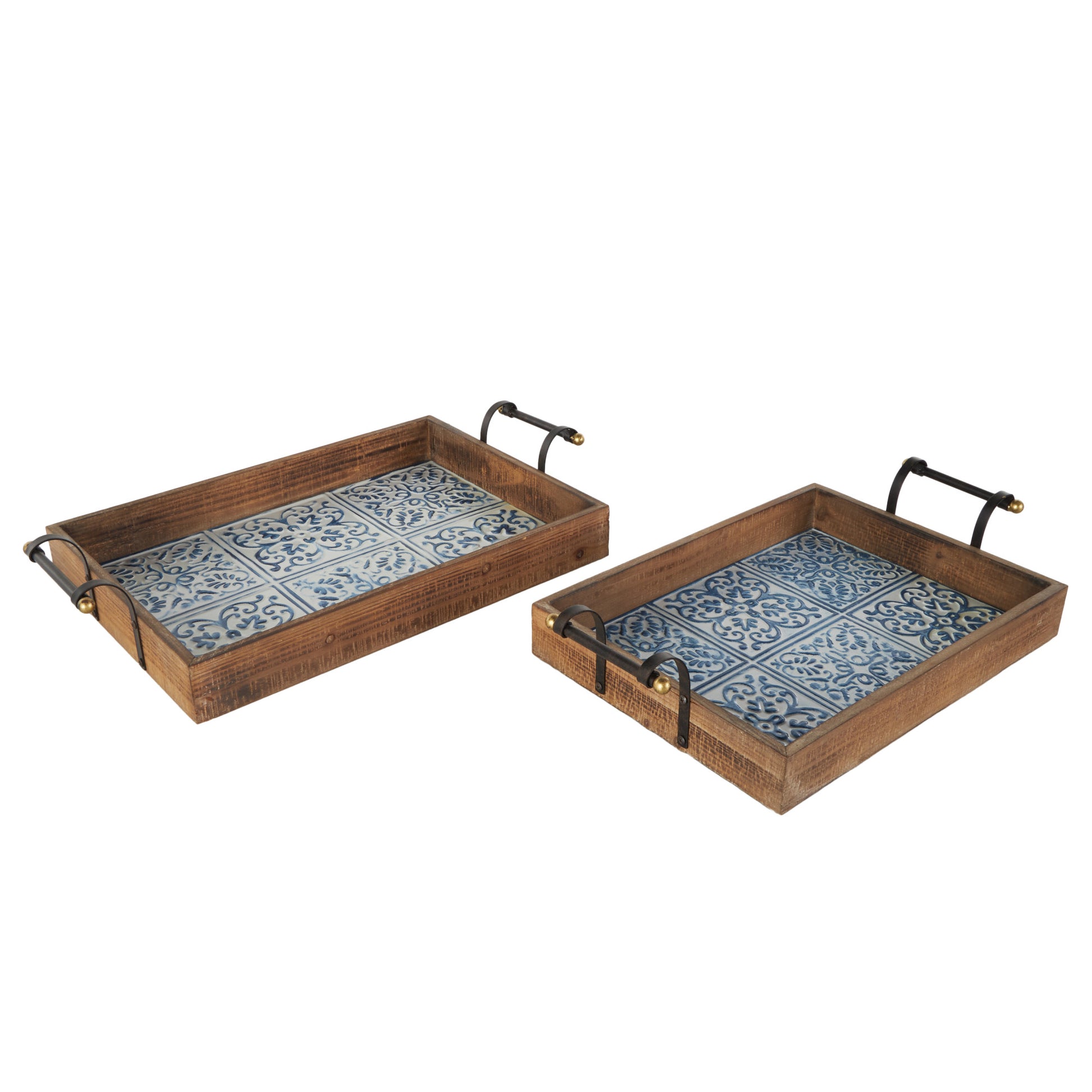 Set of 2 Floral Brown Wood Living Room Decor Tray with Tile Patterns