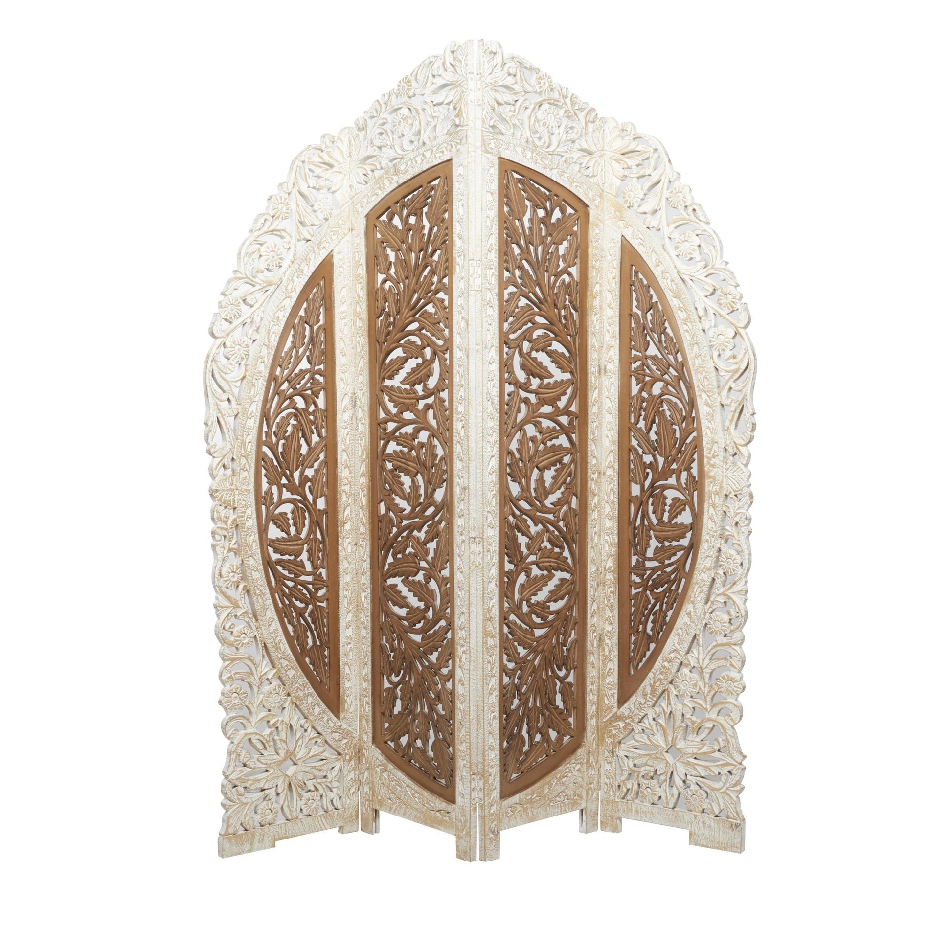 Floral Brown Mango Wood Handmade Foldable Partition 4 Panel Partition Room Divider Screen with Carved Designs