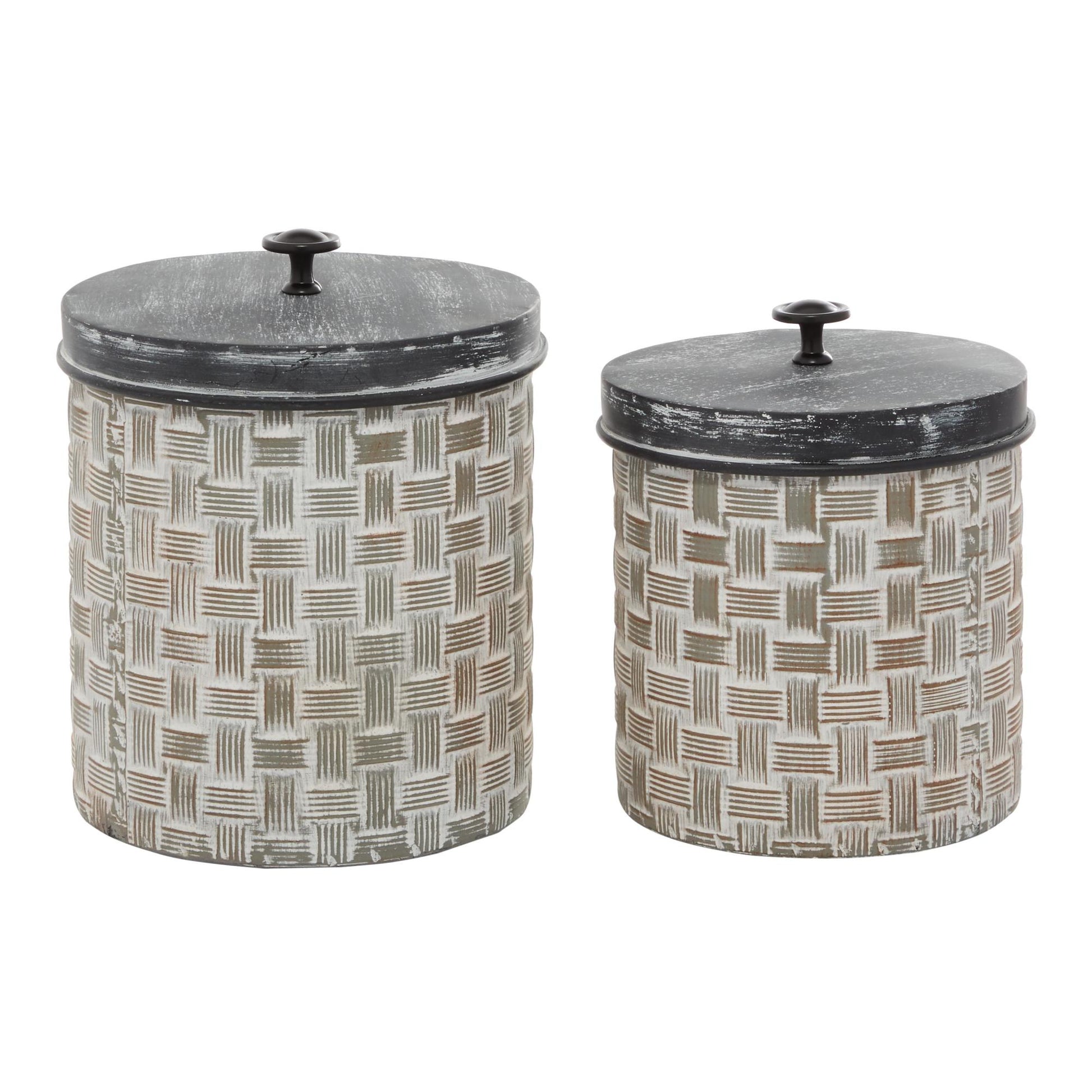Set of 2 Brown Metal Living Room Decorative Jars with Weave Inspired Pattern