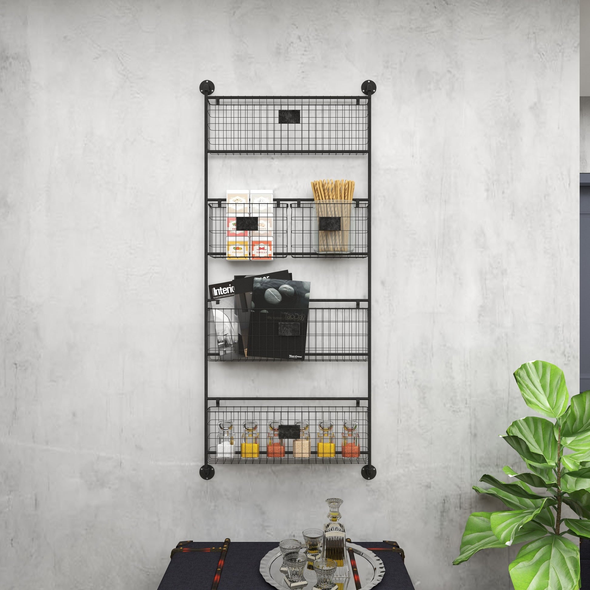 Black Metal Suspended Wire Basket 5 Slot Decorative Magazine Rack Holder with Label Slot
