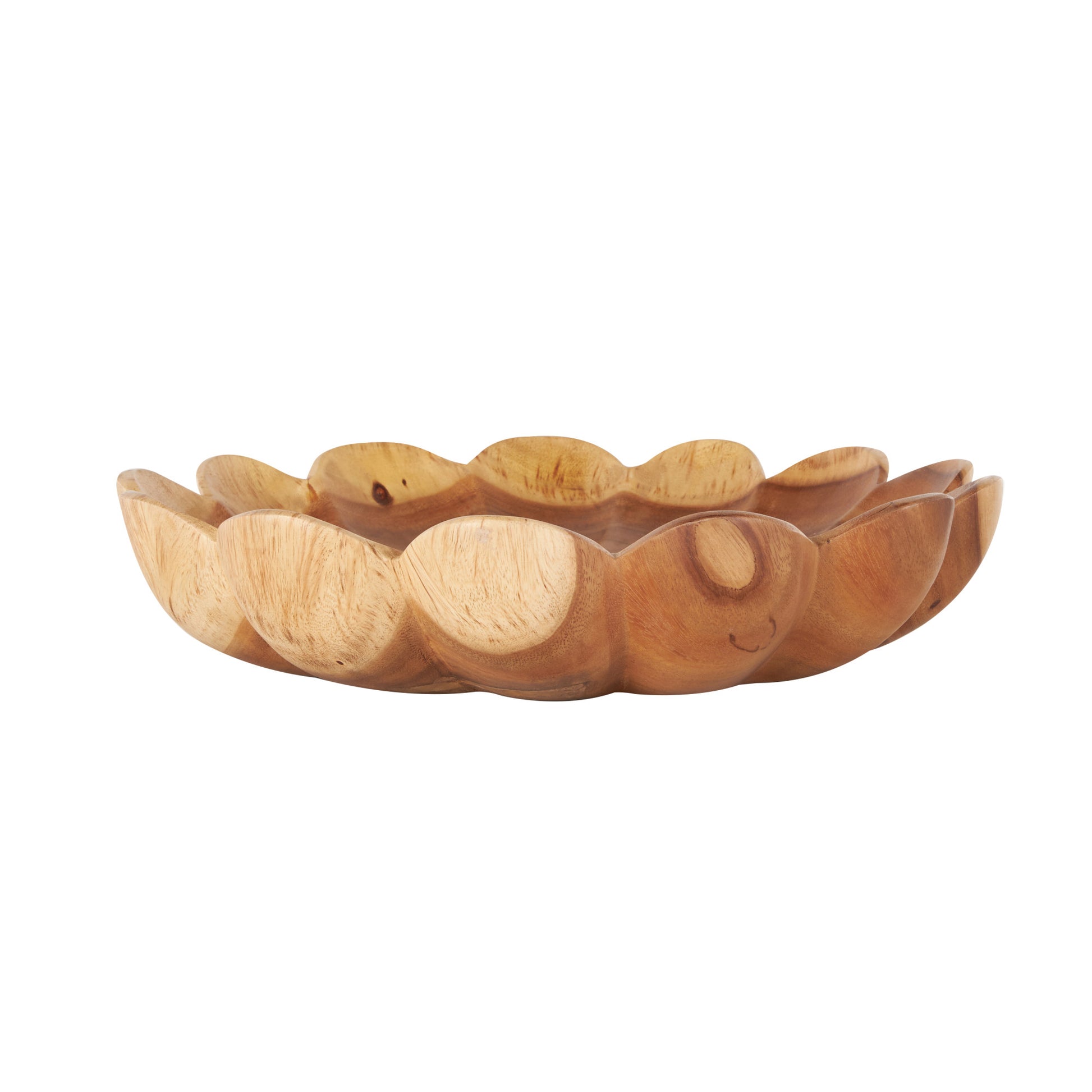 Floral Brown Teak Wood Handmade Large Decorative Bowl with Light Brown Tones