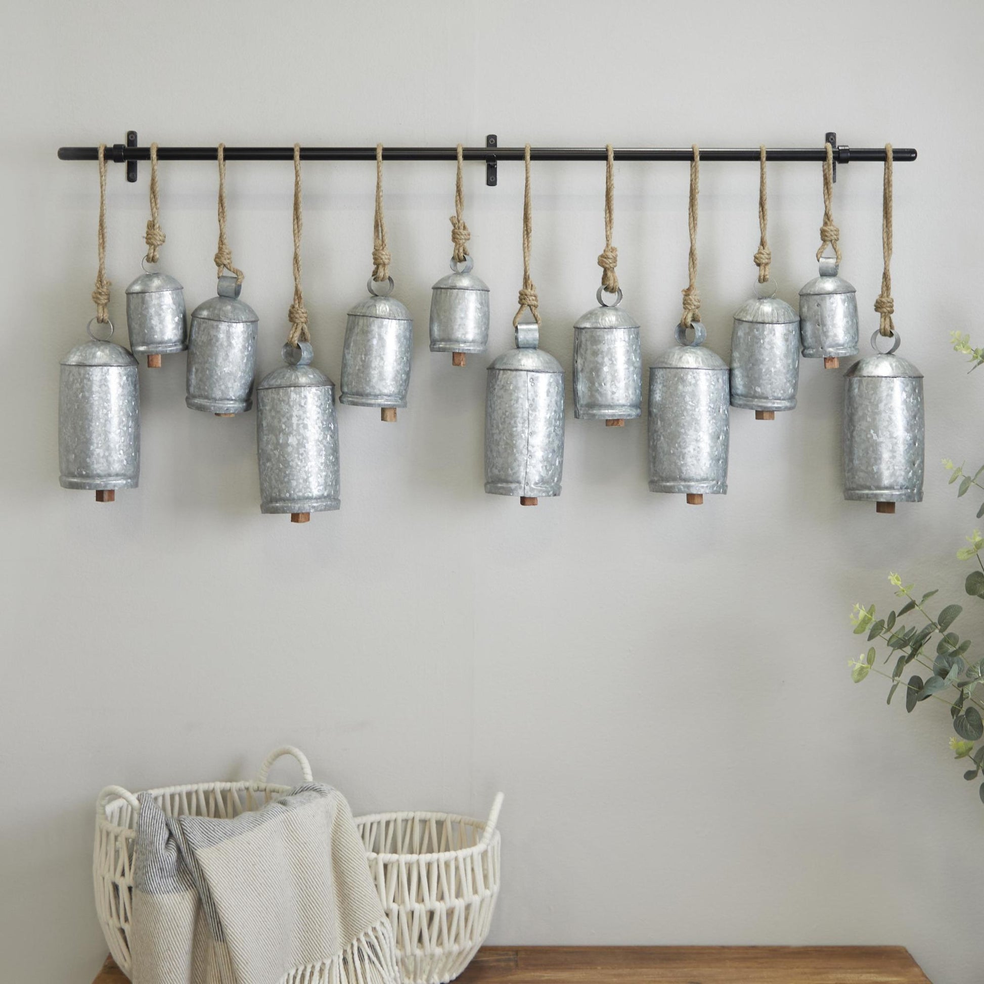Metal Tibetan Inspired 12 Bell Indoor Outdoor Decorative Cow Bells with Hanging Ropes and Rod