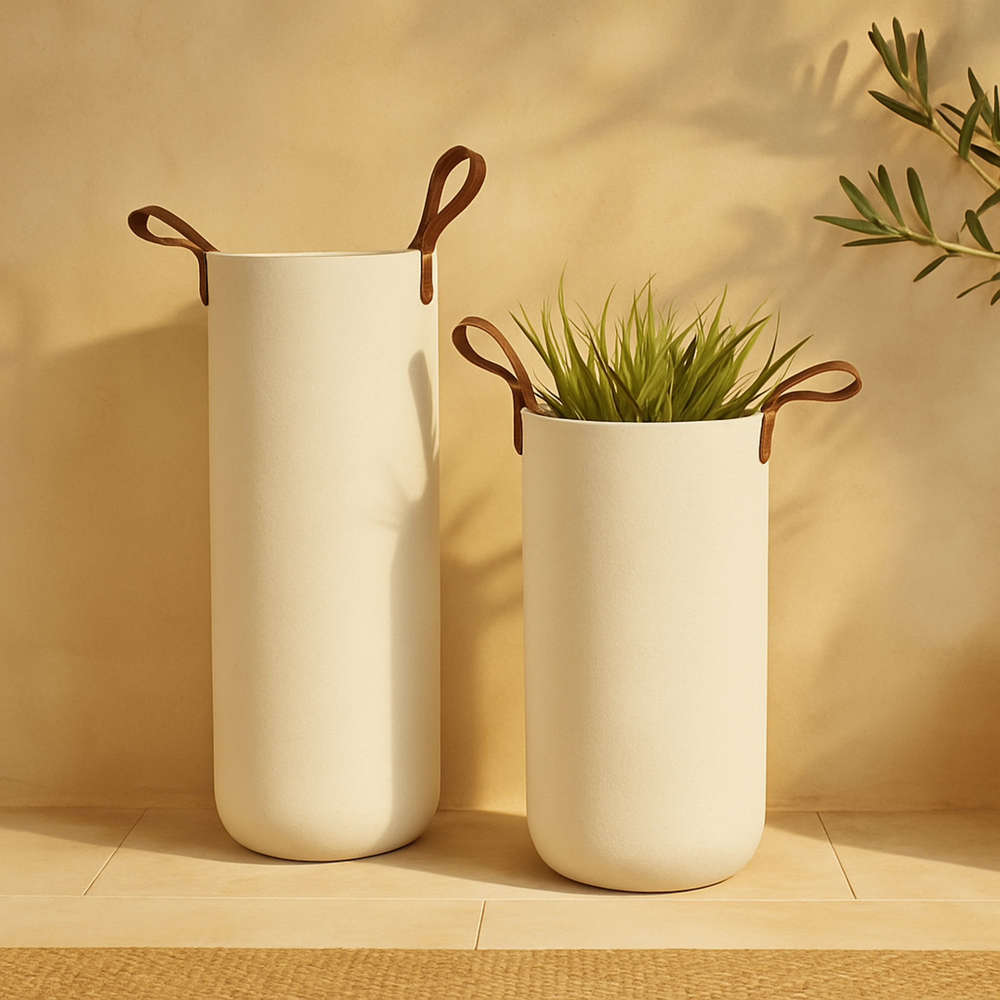 CosmoLiving by Cosmopolitan Set of 2 White Ceramic Decorative Vase with Leather Handles