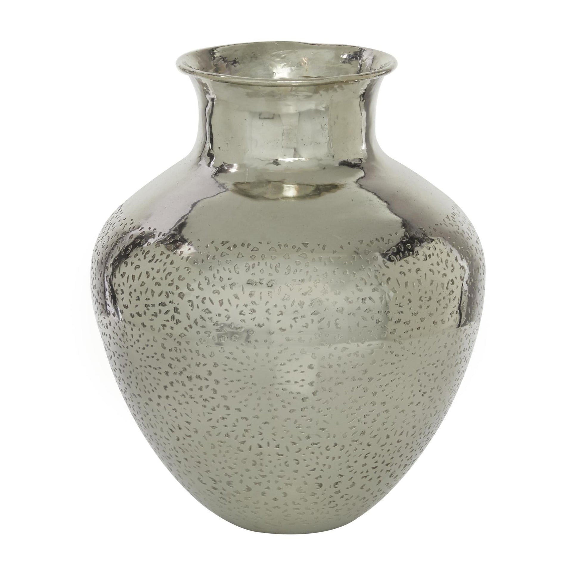 Silver Aluminum Metal Round Engraved Decorative Vase