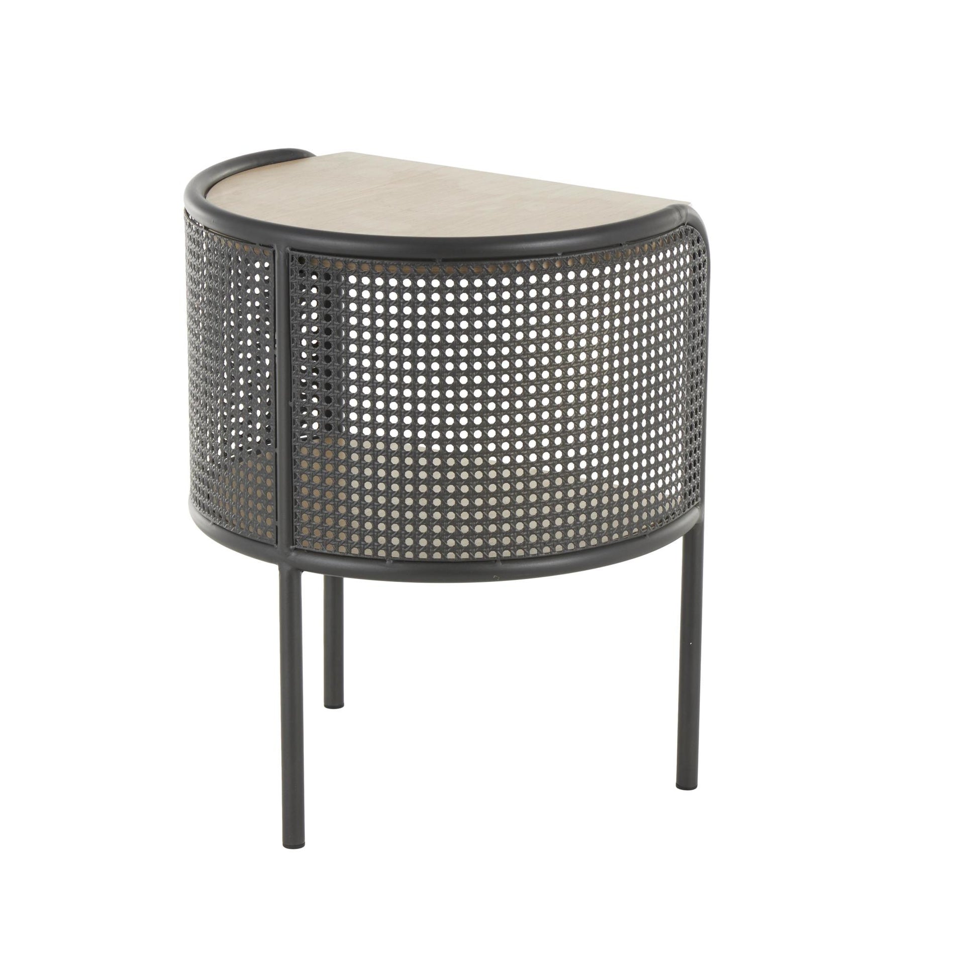 Light Brown Wooden Half-Moon Two- Toned Side End Accent Table with Mesh Back Panel and Brown Wood Tabletop