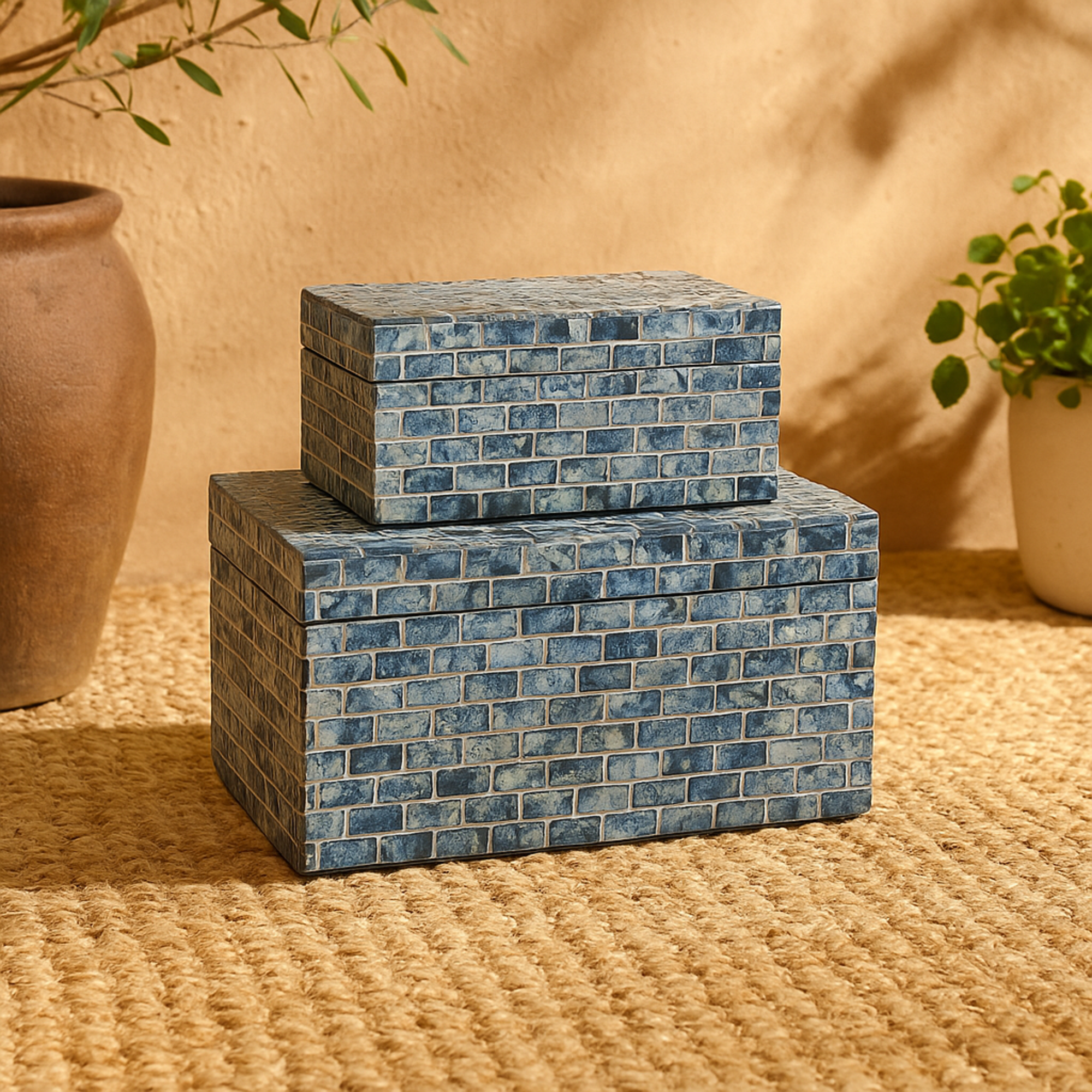 Set of 2 Blue Mother of Pearl Shell Handmade Decorative Box with Hinged Lid