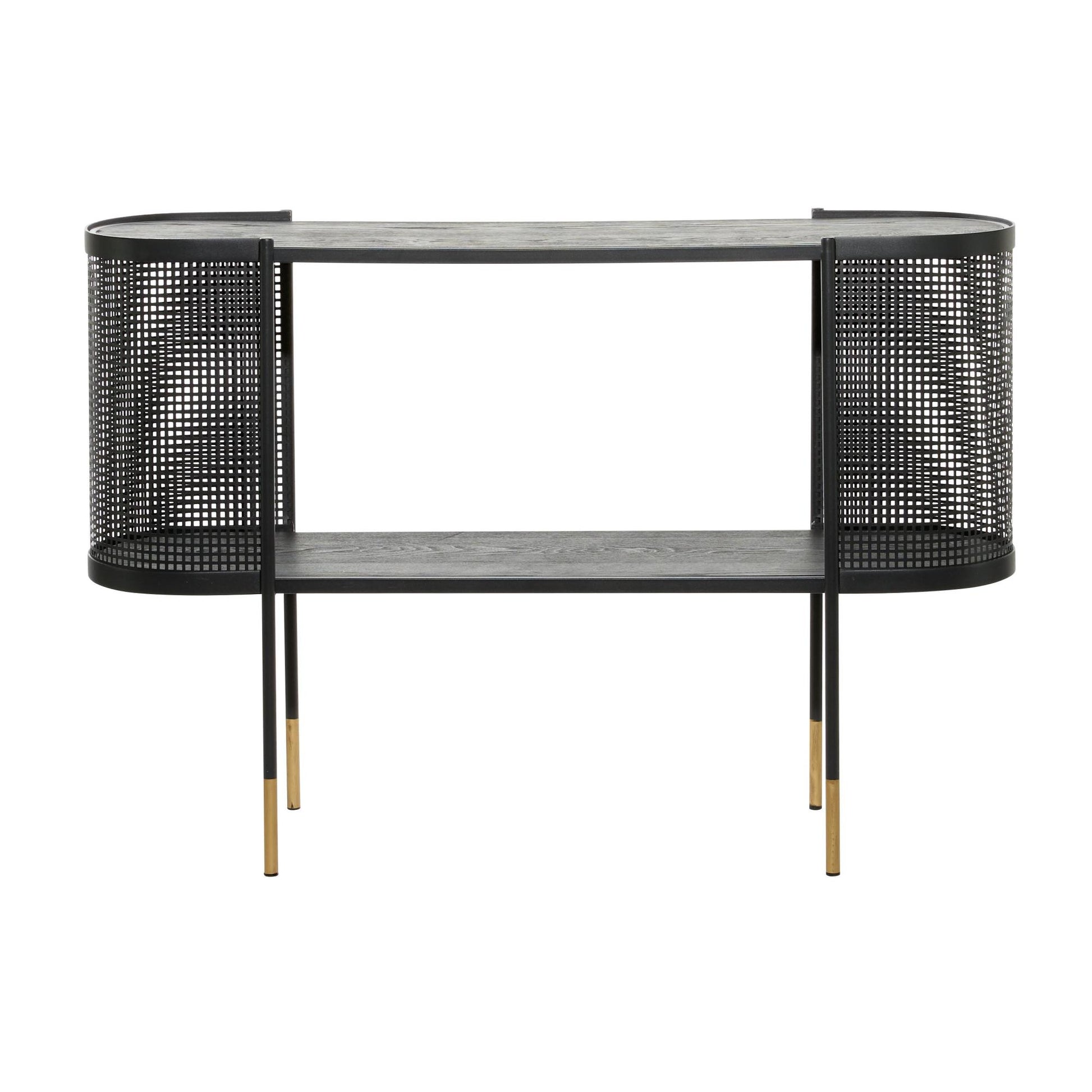 Black Metal Mesh Side Panel Living Room Console Table with Open Center Storage
