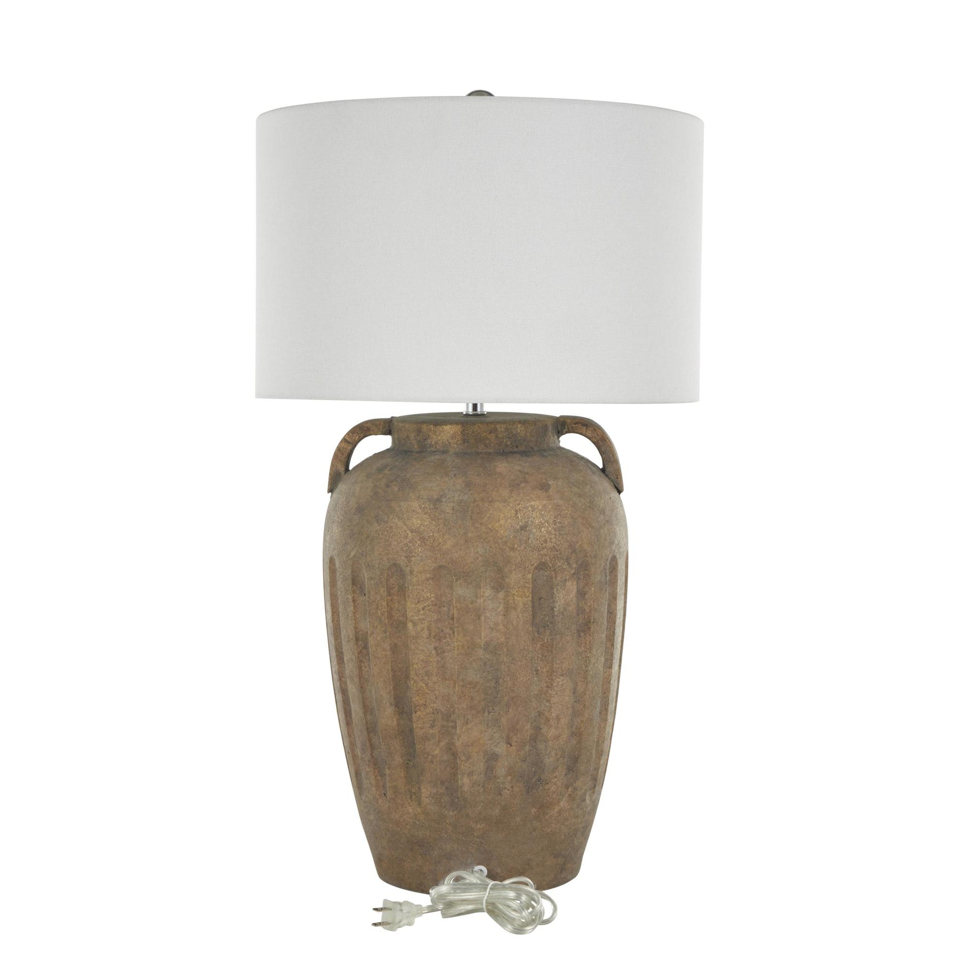 Ceramic Tall Distressed Antique Style Pot Vase Room Table Lamp with Cream Linen Shade and Textured Grooves 16" x 16" x 29"