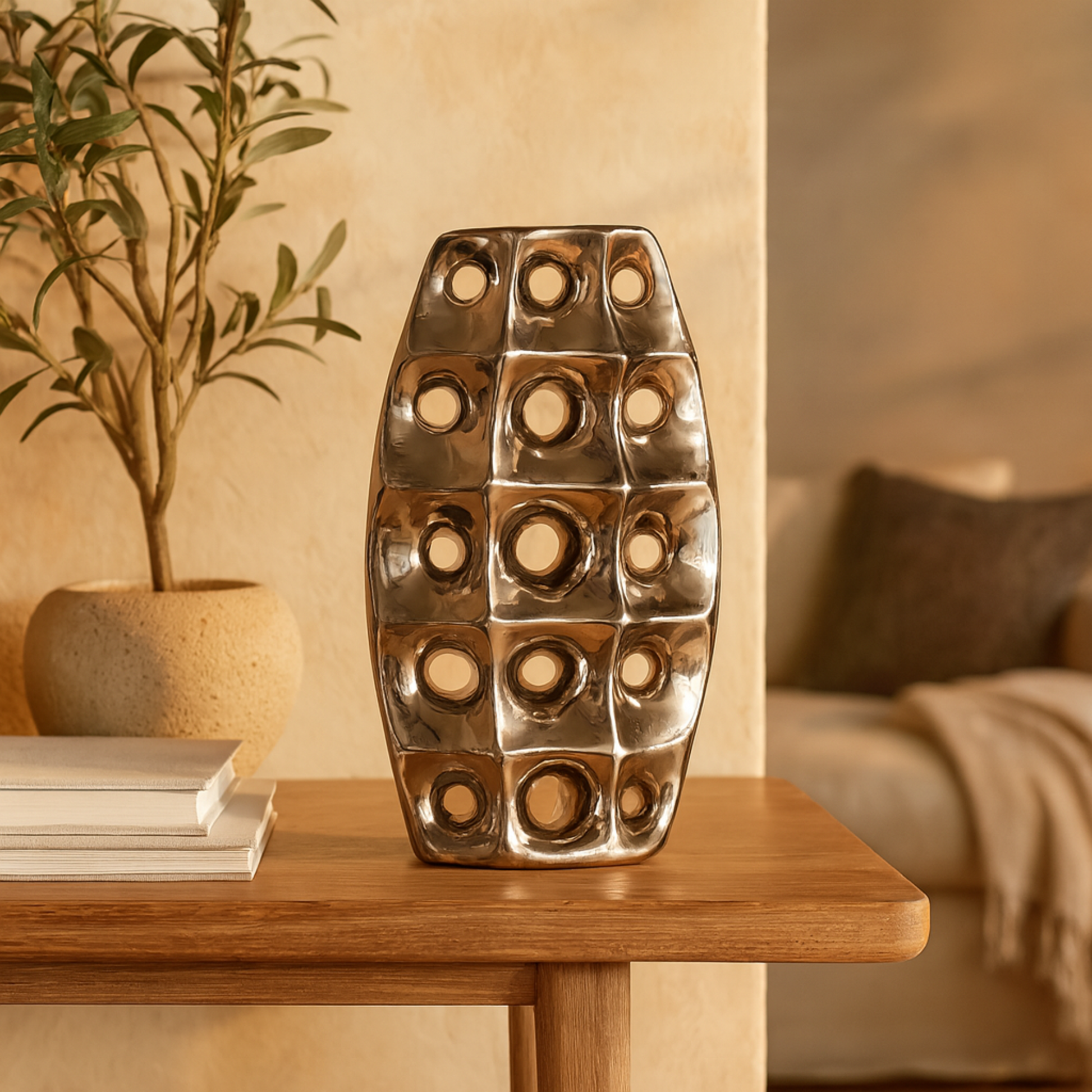 Silver Ceramic Decorative Vase with Cut Out Designs