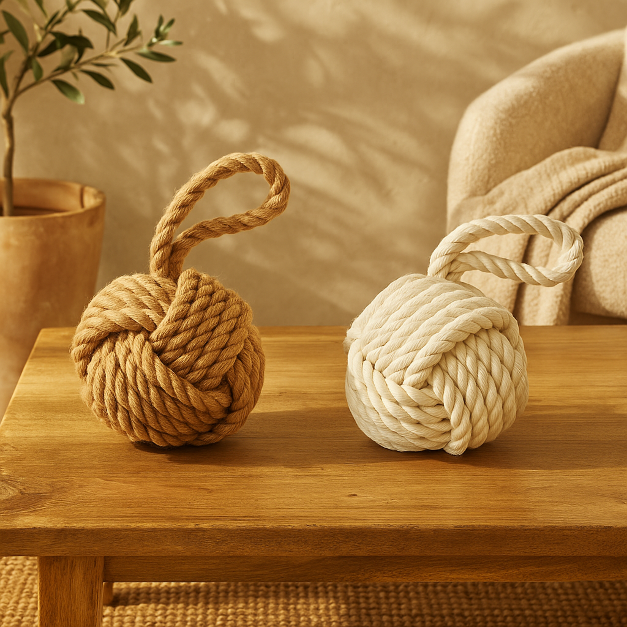 Set of 2 Knot Brown Jute Rope Cream Woven Decorative Sculpture with Hanging Loop