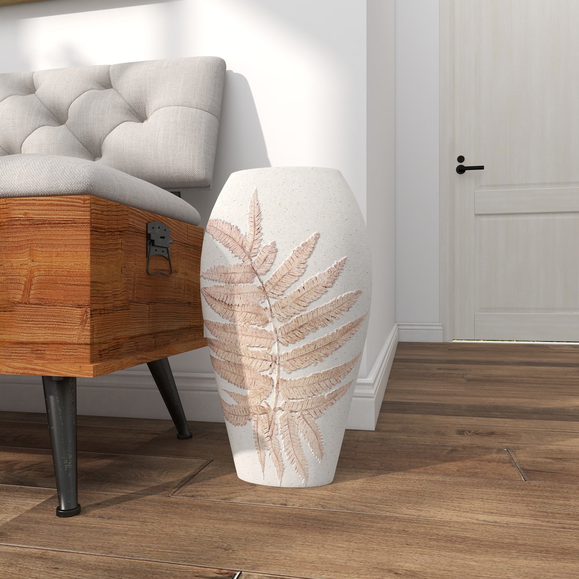Leaf White Polystone Decorative Vase with Brown Dimensional Leaves