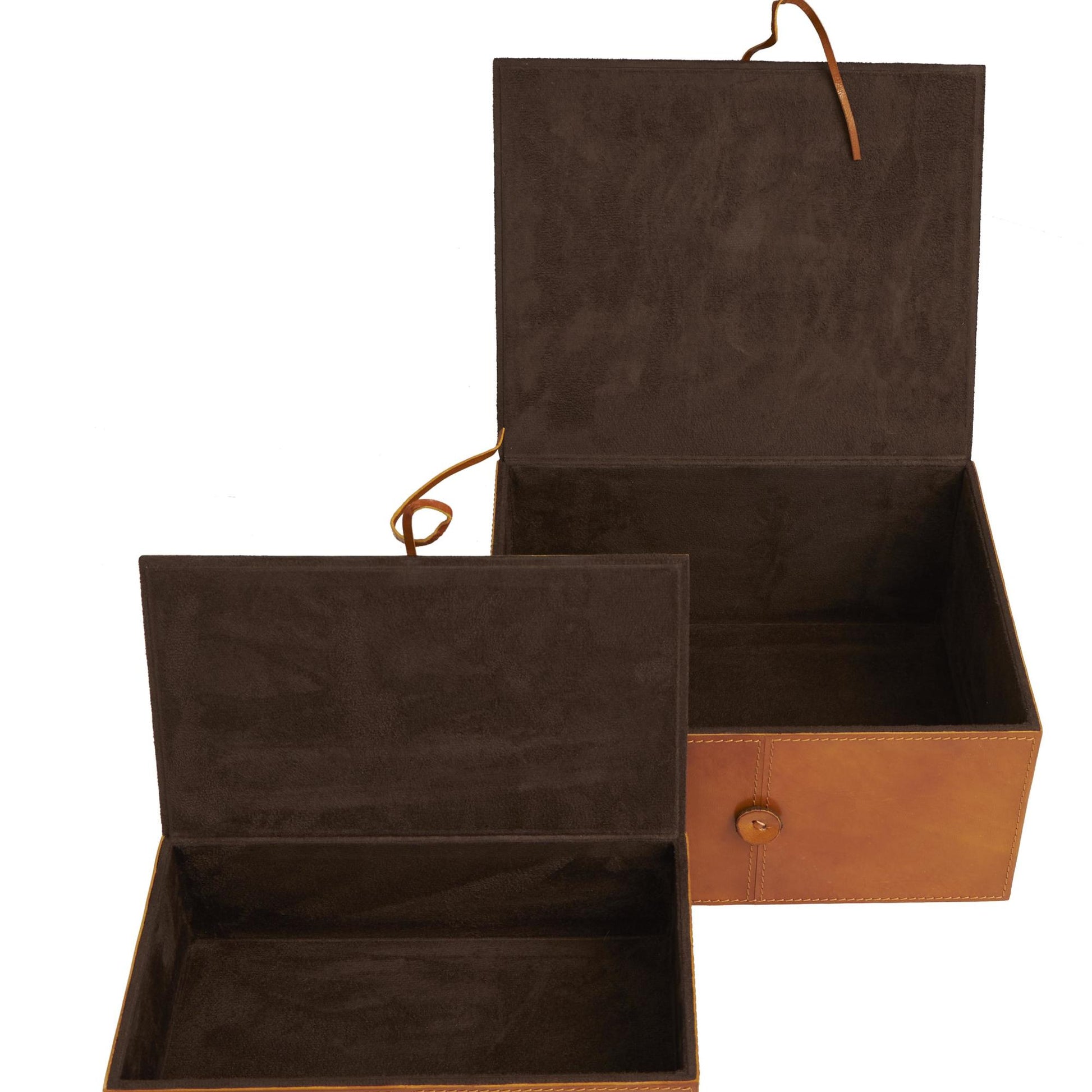 Set of 2 Leather Handmade Cowhide Storage Decorative Box with Leather Loop Closure and Stitching Detail
