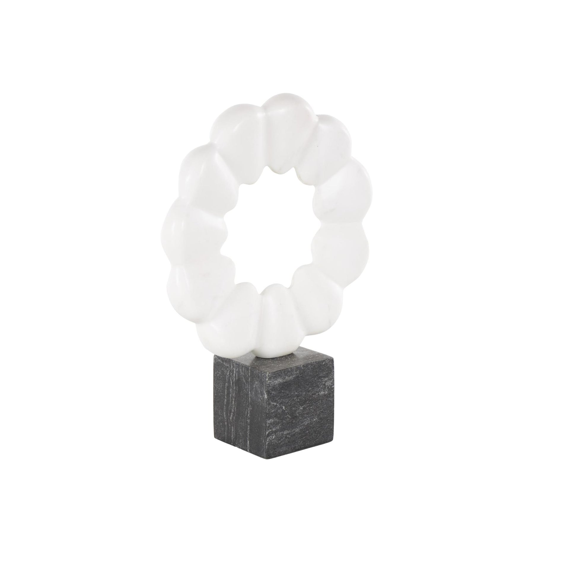 Geometric White Marble Floral Inspired Ring Decorative Sculpture with Black Block Base