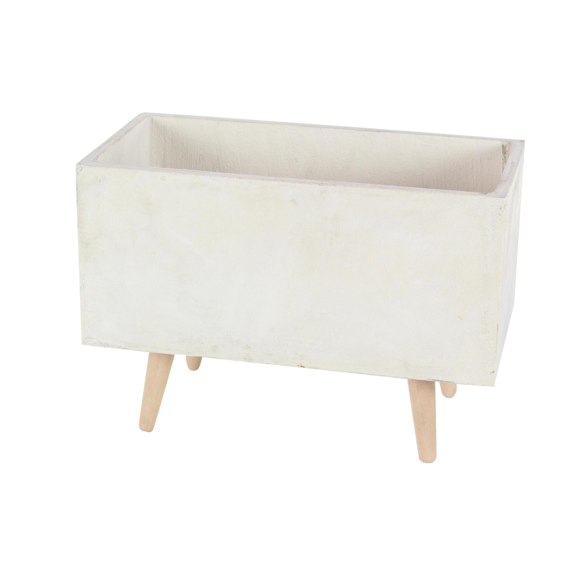 Set of 2 White Fiberclay Ceramic Rectangular Indoor Outdoor Planter with Brown Wooden Legs
