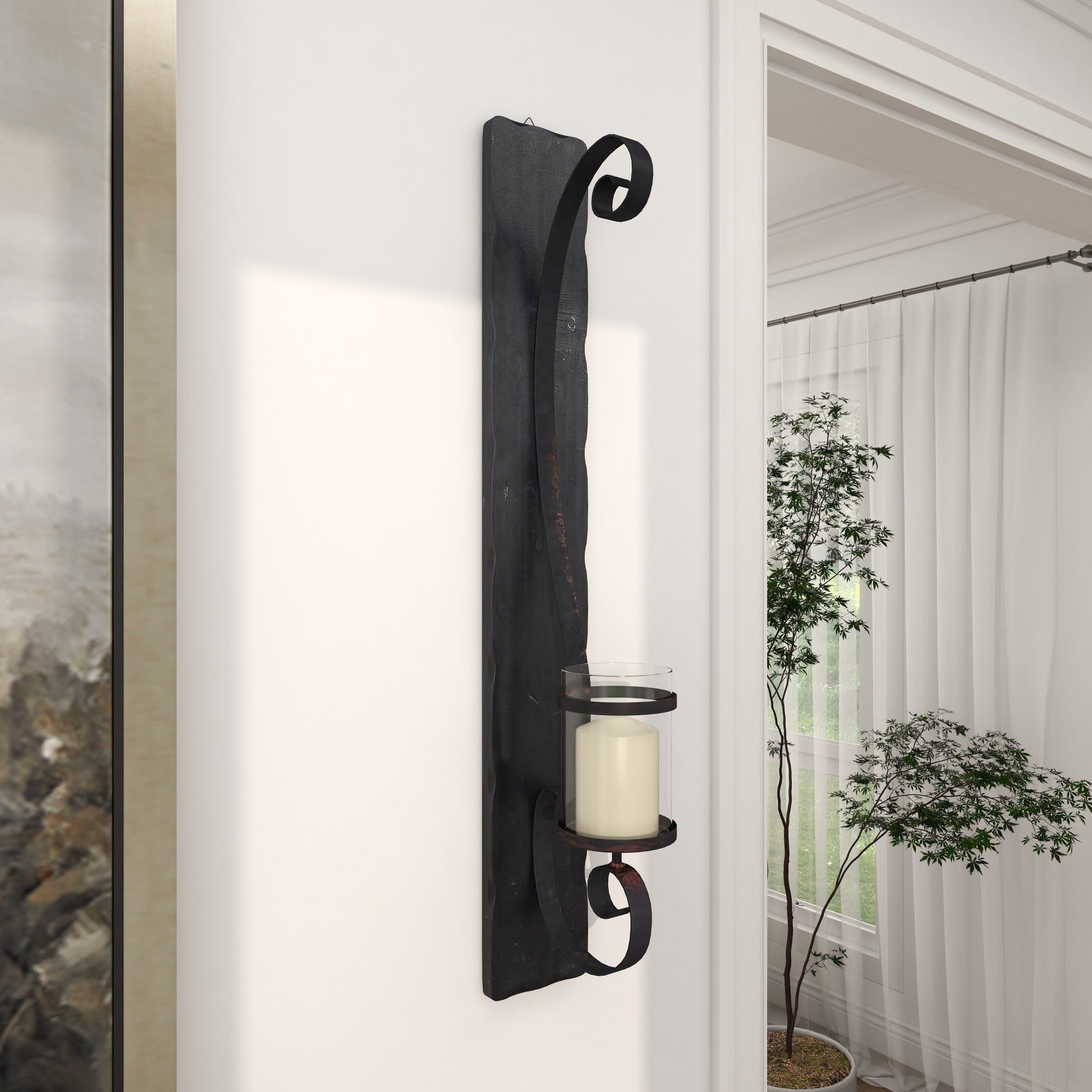 Scroll Black Metal Long Pillar Indoor Outdoor Wall Sconce