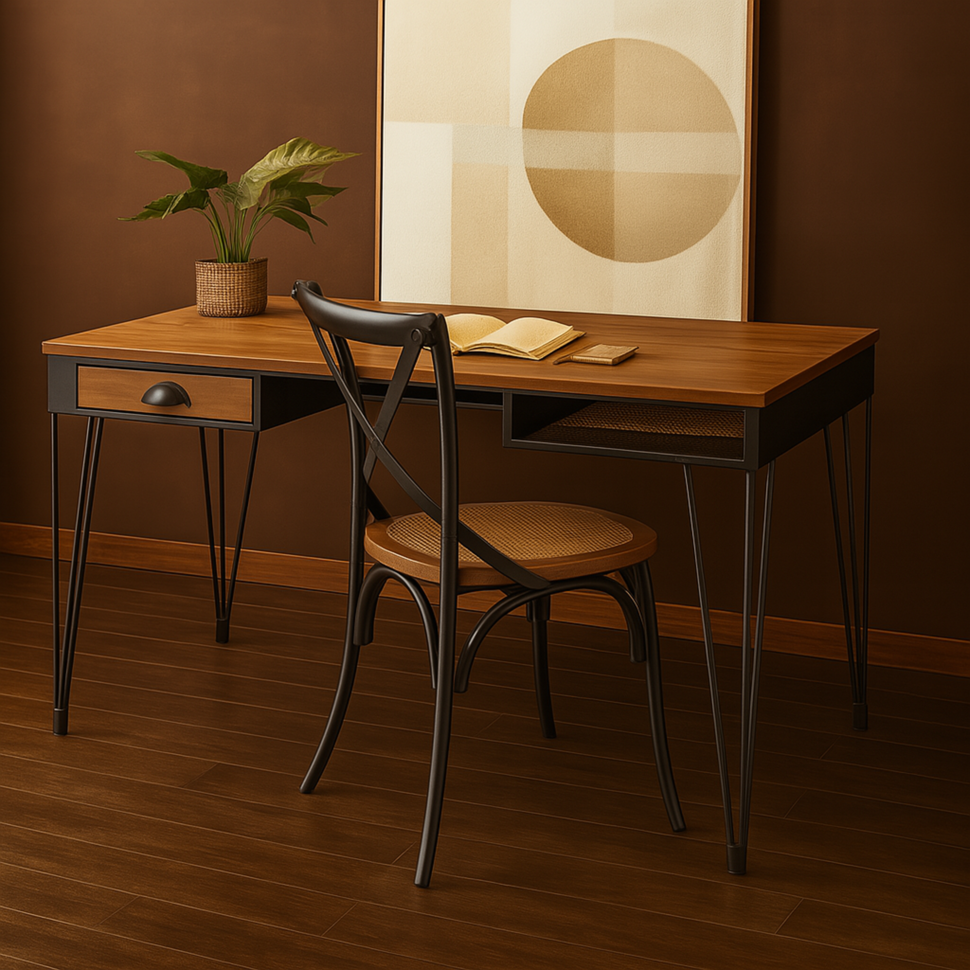 Black Metal Double Sided Living Room Desk with Brown Wooden Tabletop and Drawers