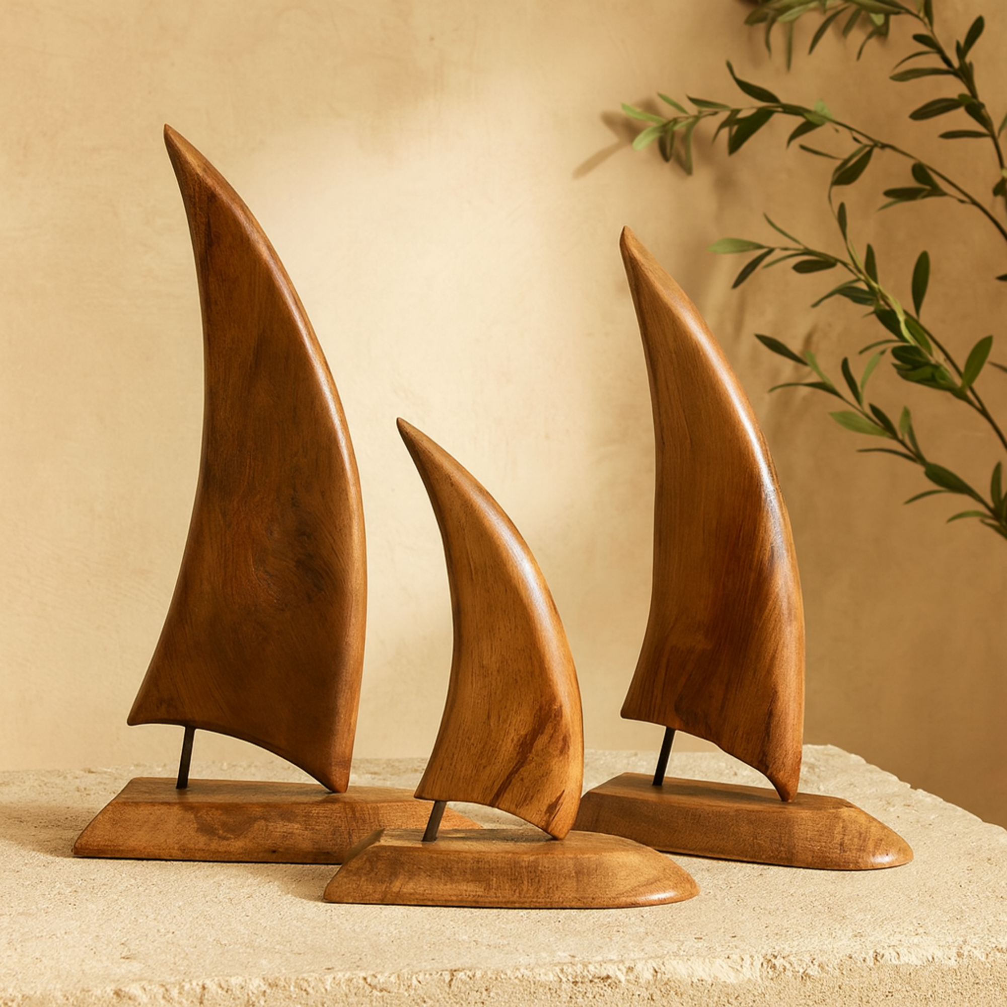 Set of 3 Sail Boat Brown Teak Wood Handmade Decorative Sculpture