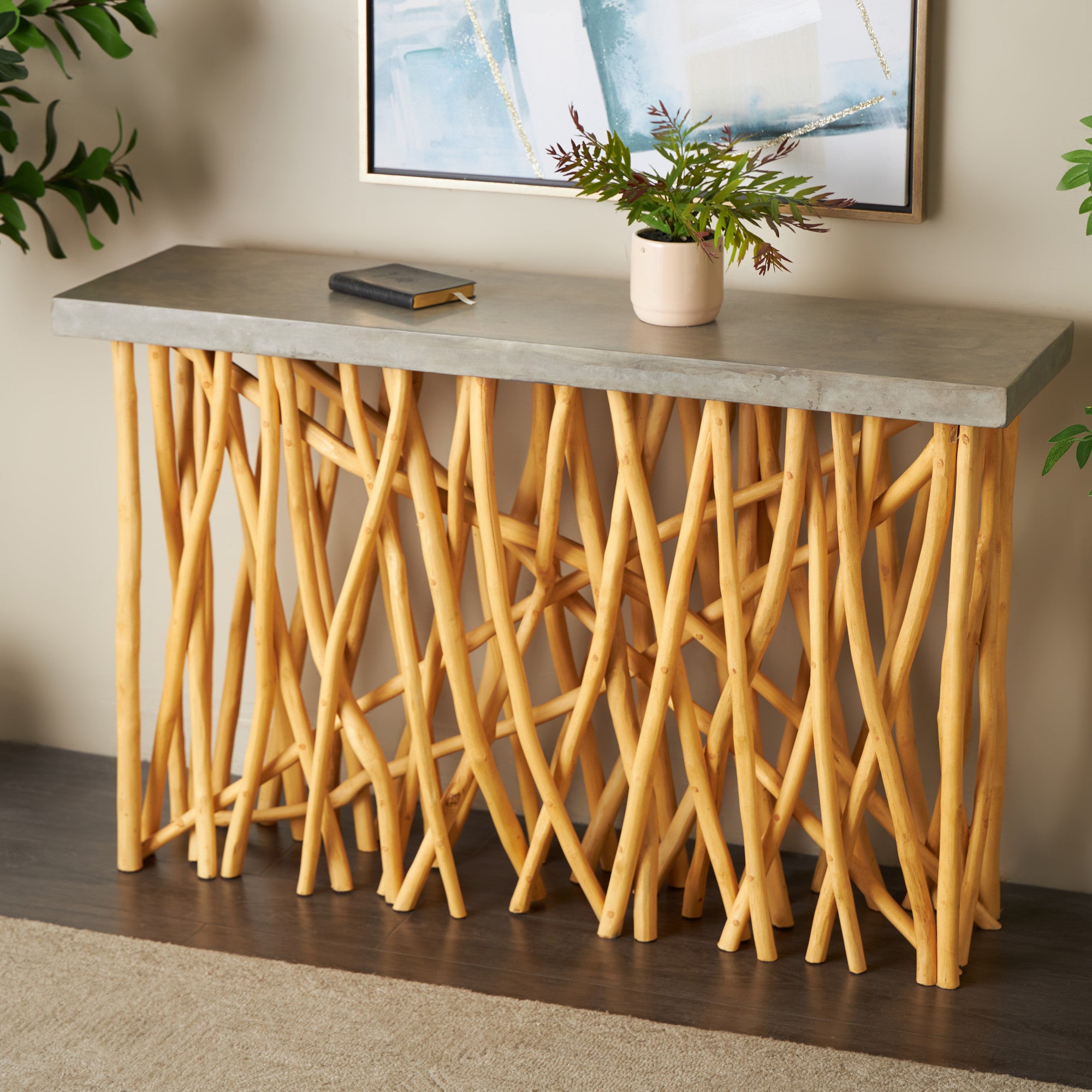 Brown Teak Wood Handmade Tree Branch Living Room Console Table with Gray Tabletop