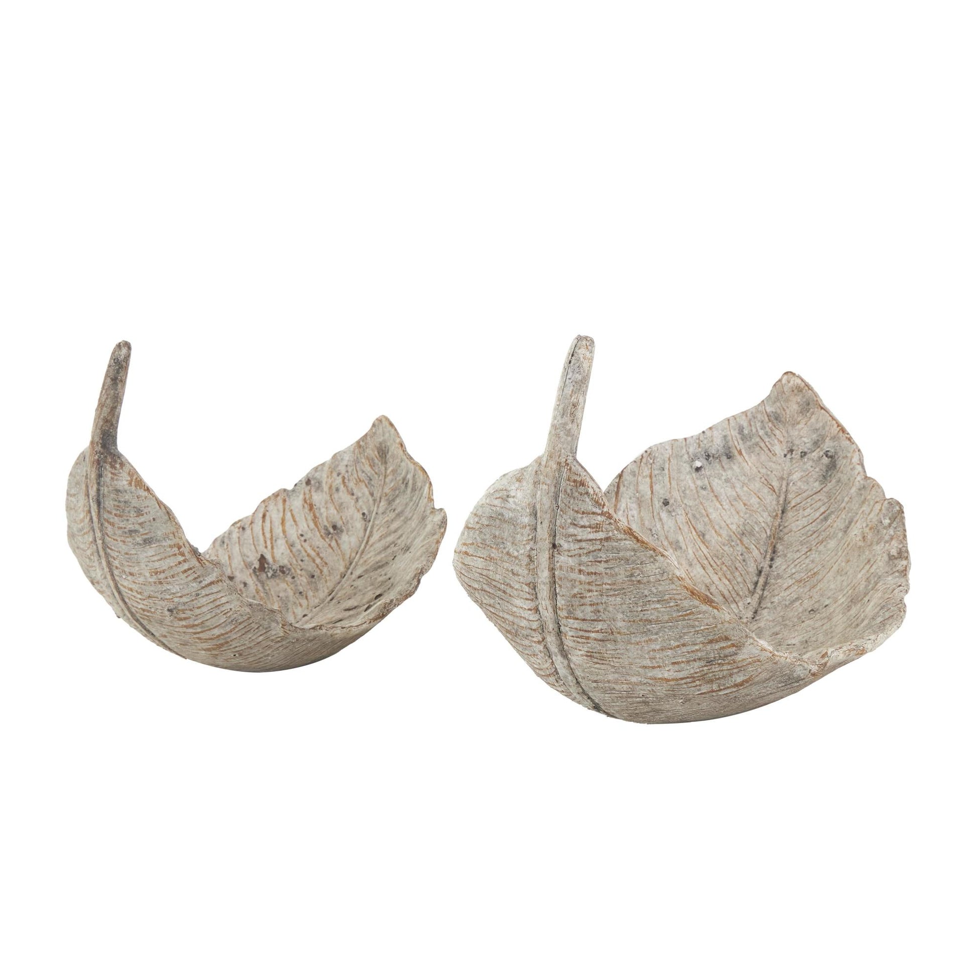 Set of 2 Leaf Champagne Resin Textured Large Decorative Bowl with Brown Details