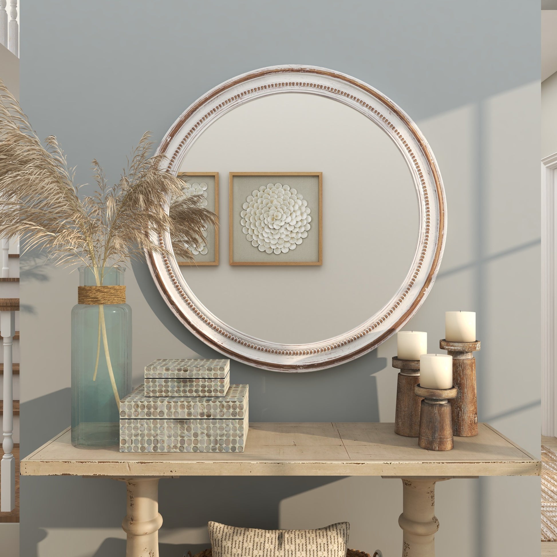 White Wood Room Wall Mirror with Bead Detailing