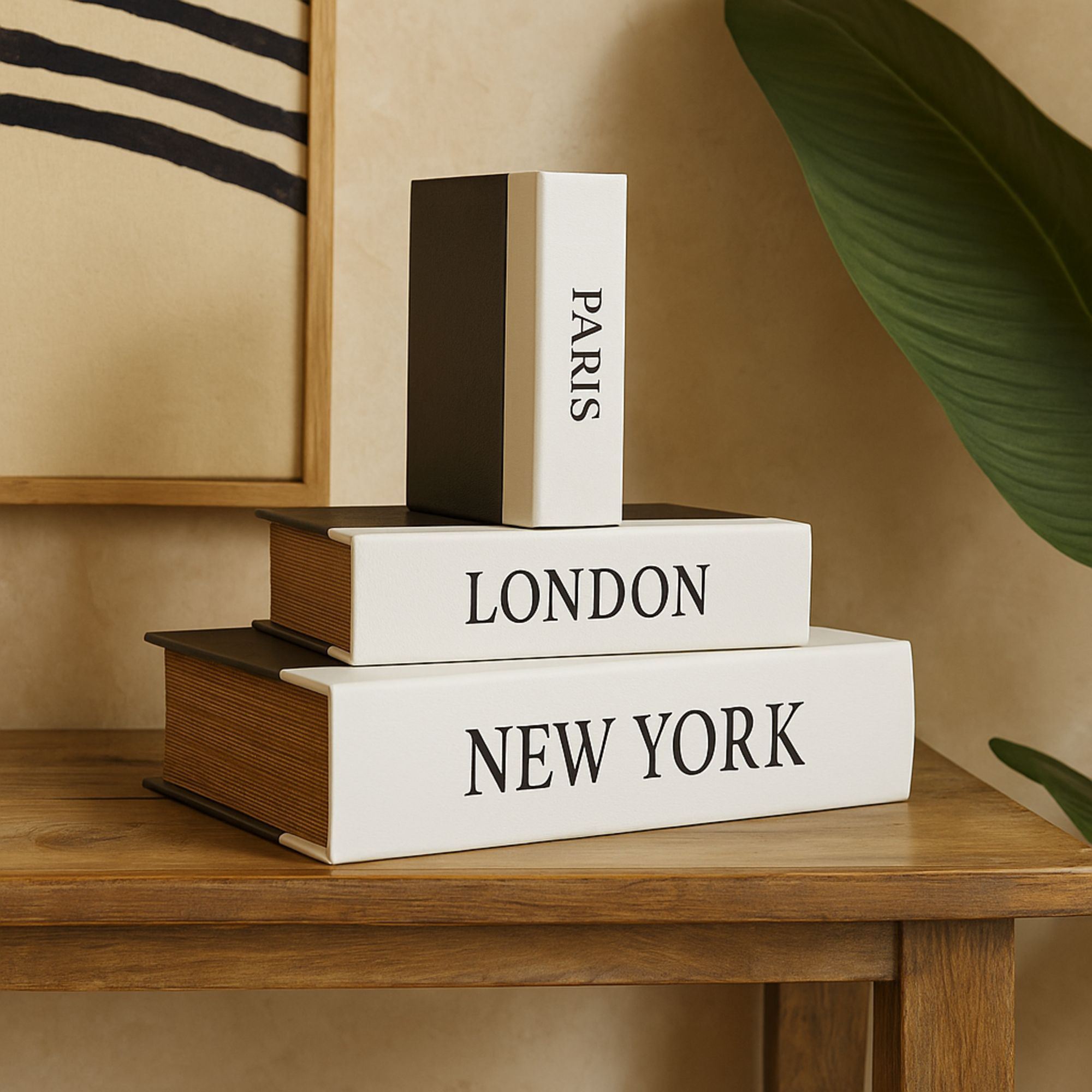 Set of 3 Black Faux Leather Paris, London, New York Faux Book Storage Decorative Box with White Spine