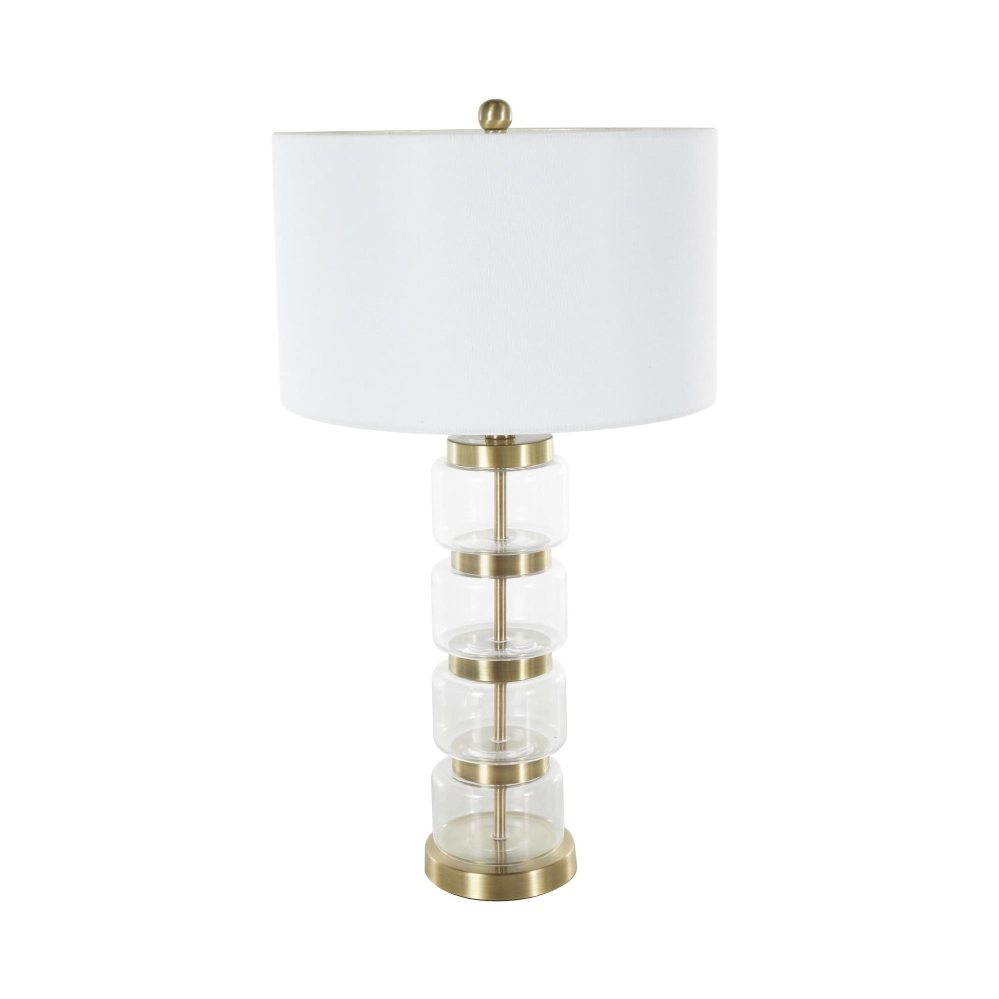Clear Glass Stacked Jars Room Table Lamp with White Drum Shade and Gold Metal Accents