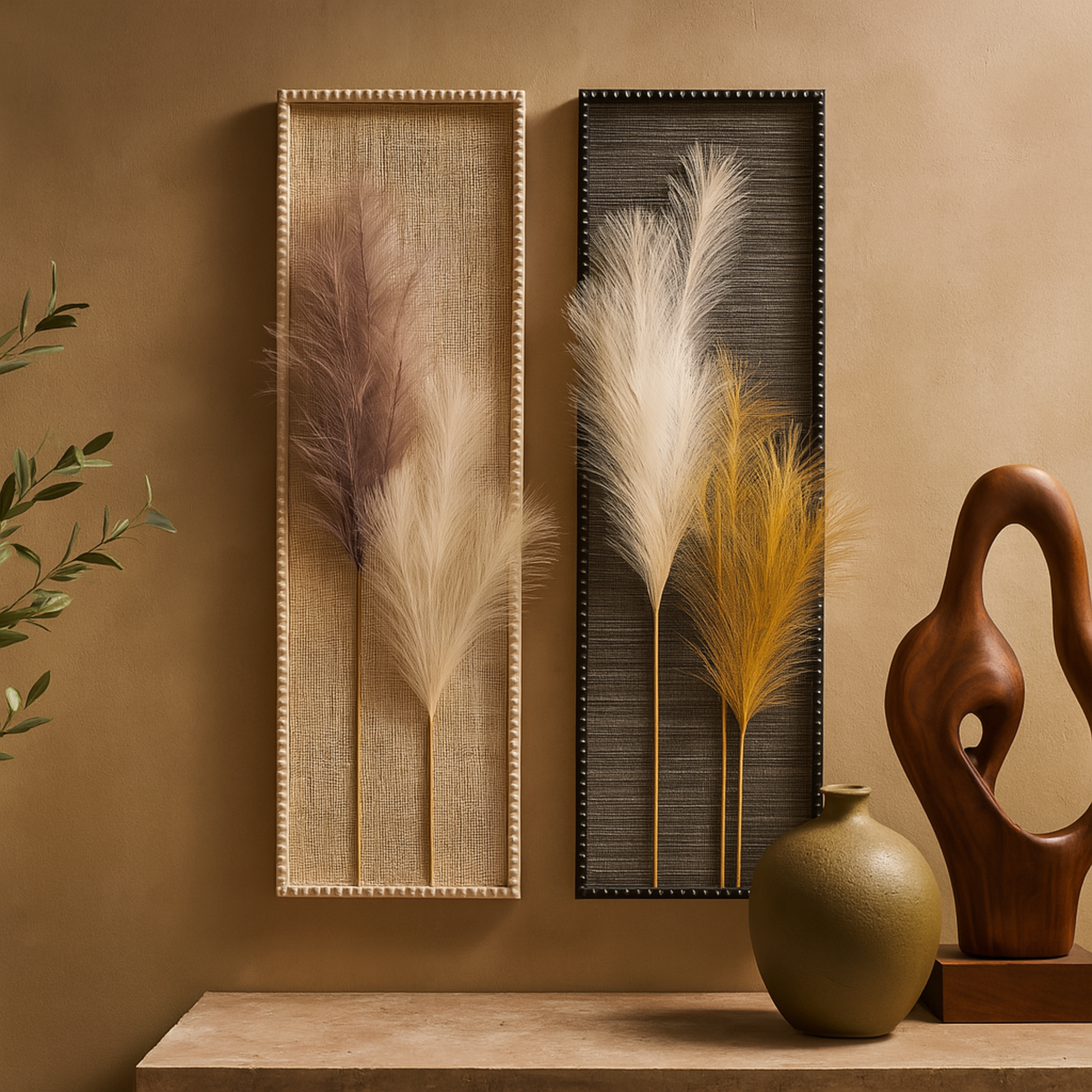 Set of 2 Leaf Brown Wood Handmade 3D Pampas Stem Living Room Framed Wall Art with Textured Backing and Beaded Frame