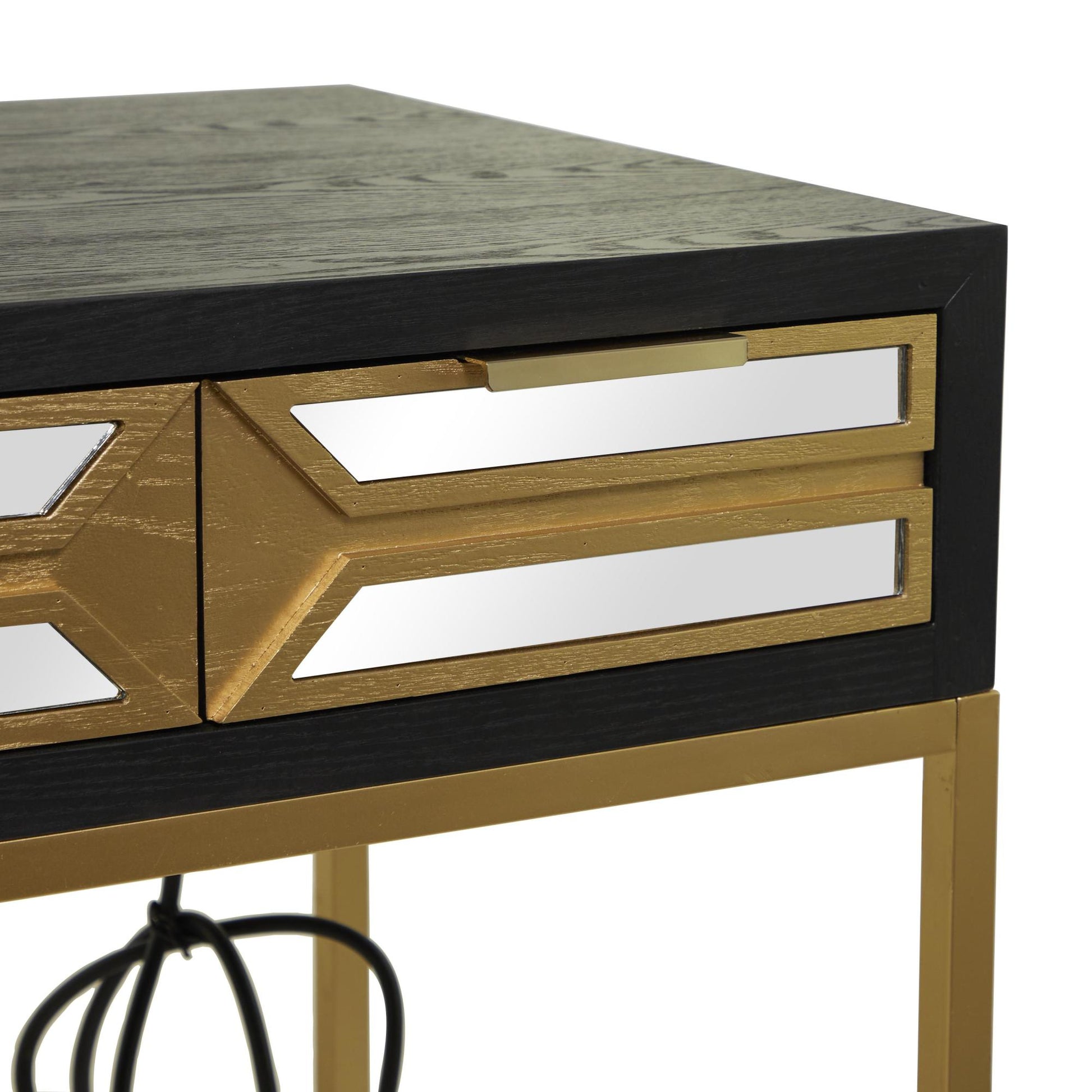 Black Wooden 3 Drawer Desk with Mirrored Front and Outlet