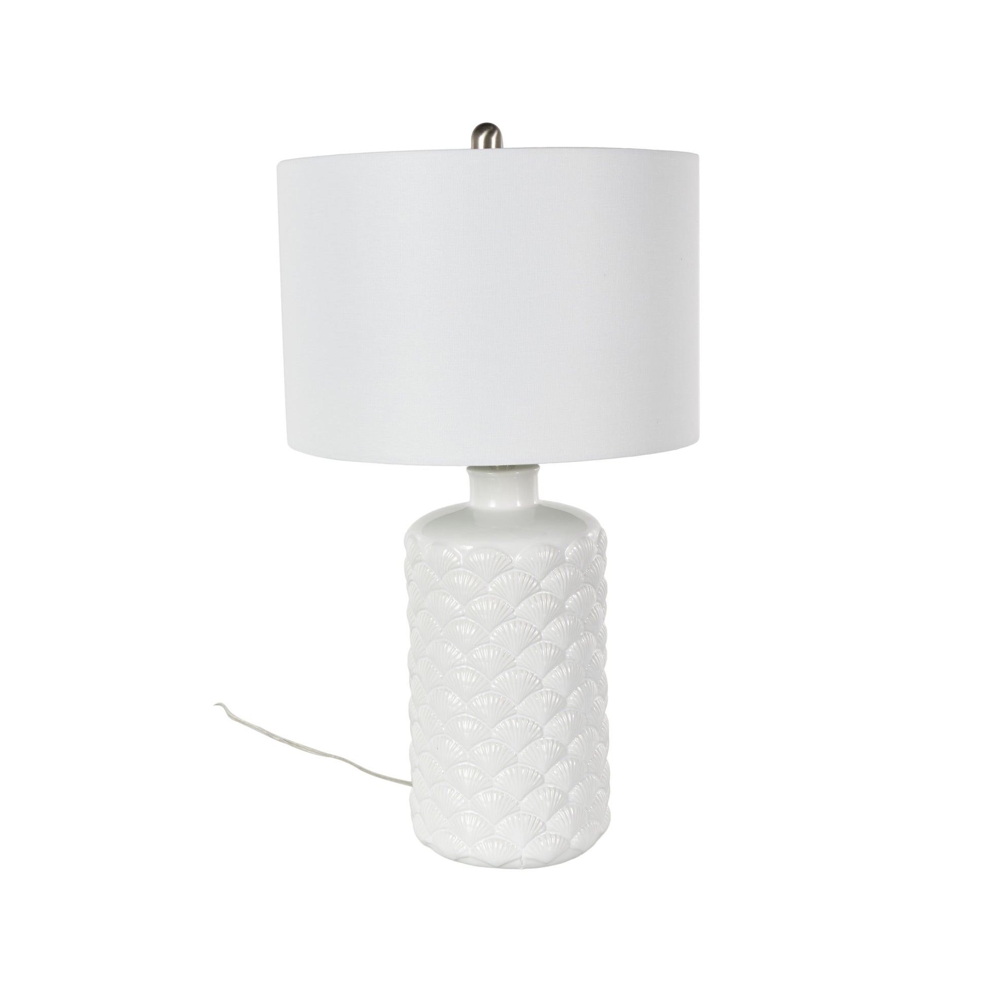 Shell White Ceramic Embedded Room Table Lamp with Drum Linen Shade