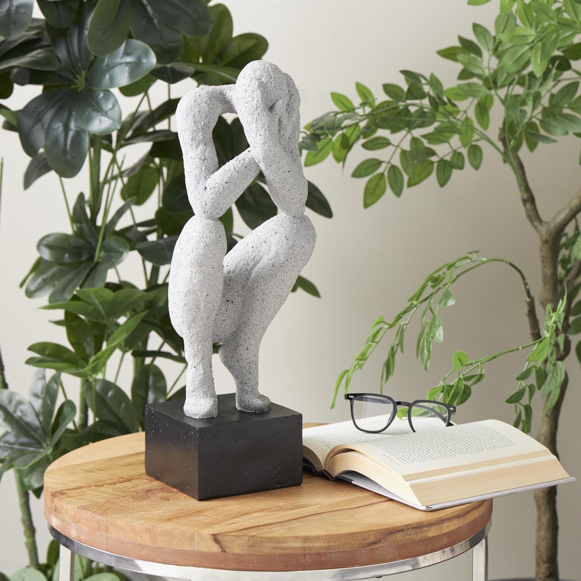 People Gray Polystone Crouching Decorative Sculpture with Black Square Base