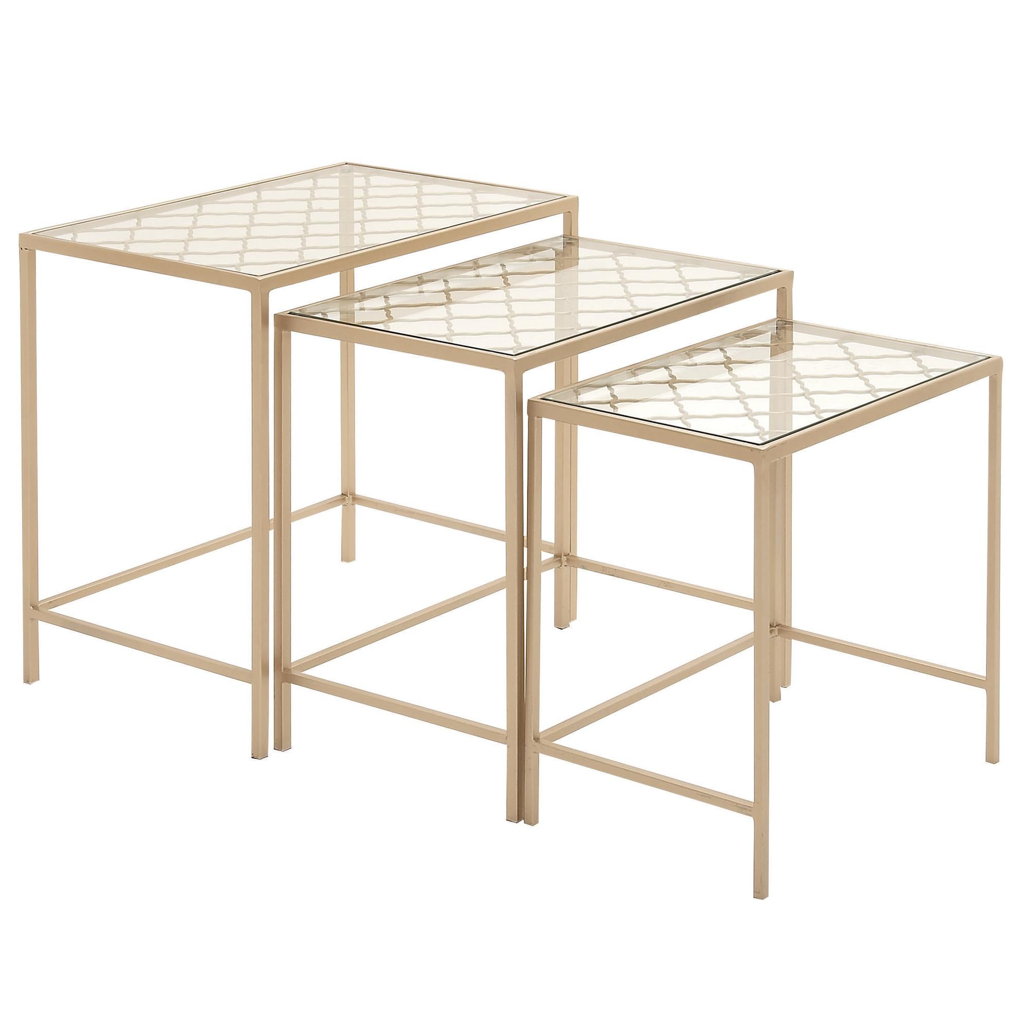 Set of 3 Gold Metal Side End Accent Table with Clear Glass Top