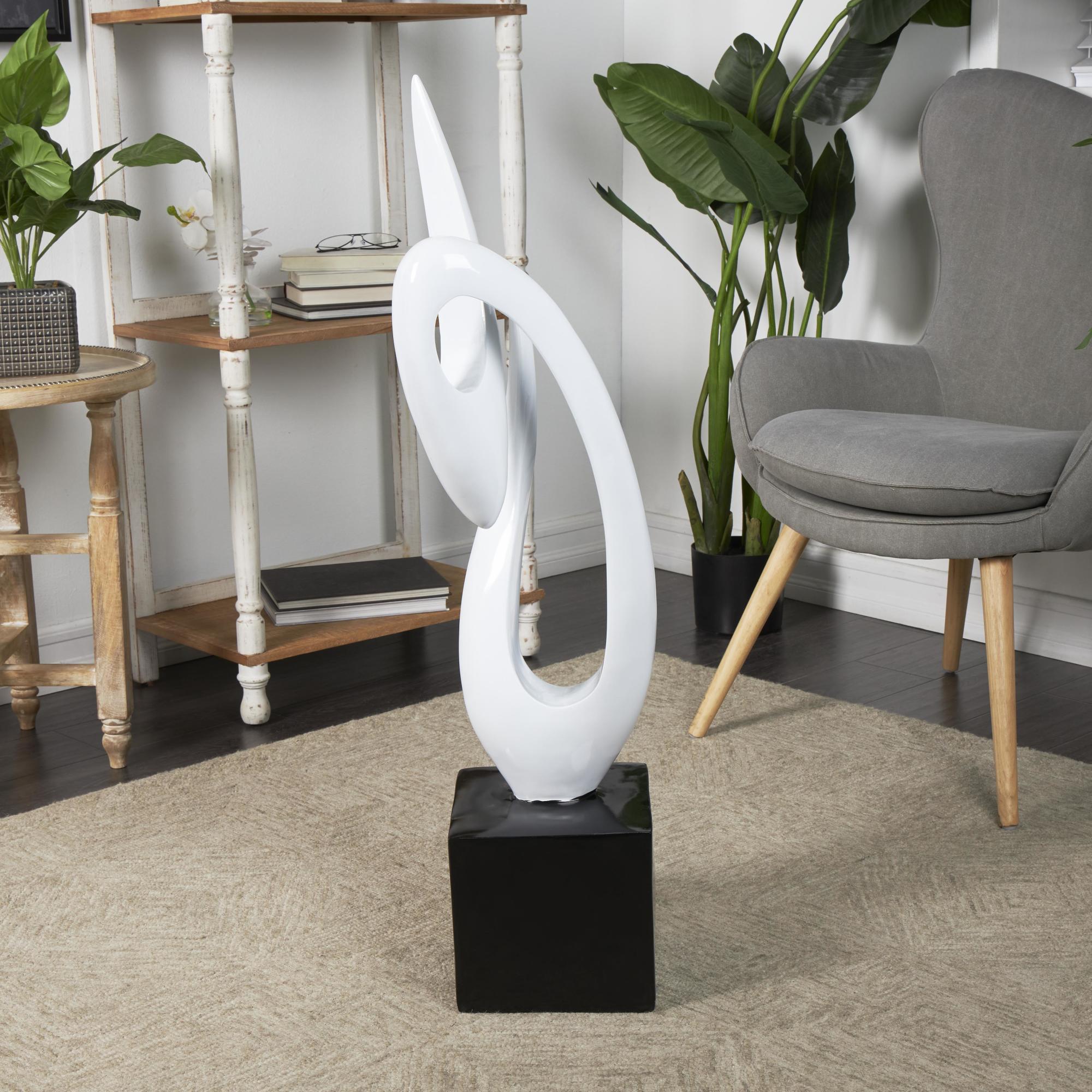 Abstract White Polystone Swirl Decorative Sculpture with Black Base